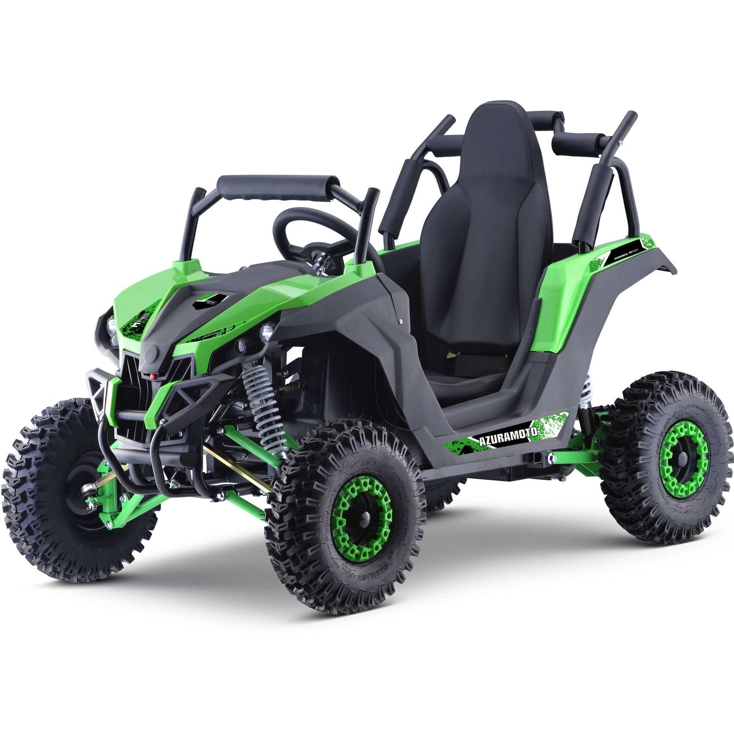 Green MotoTec Raider Kids UTV with full suspension and large off-road tires for outdoor adventures.