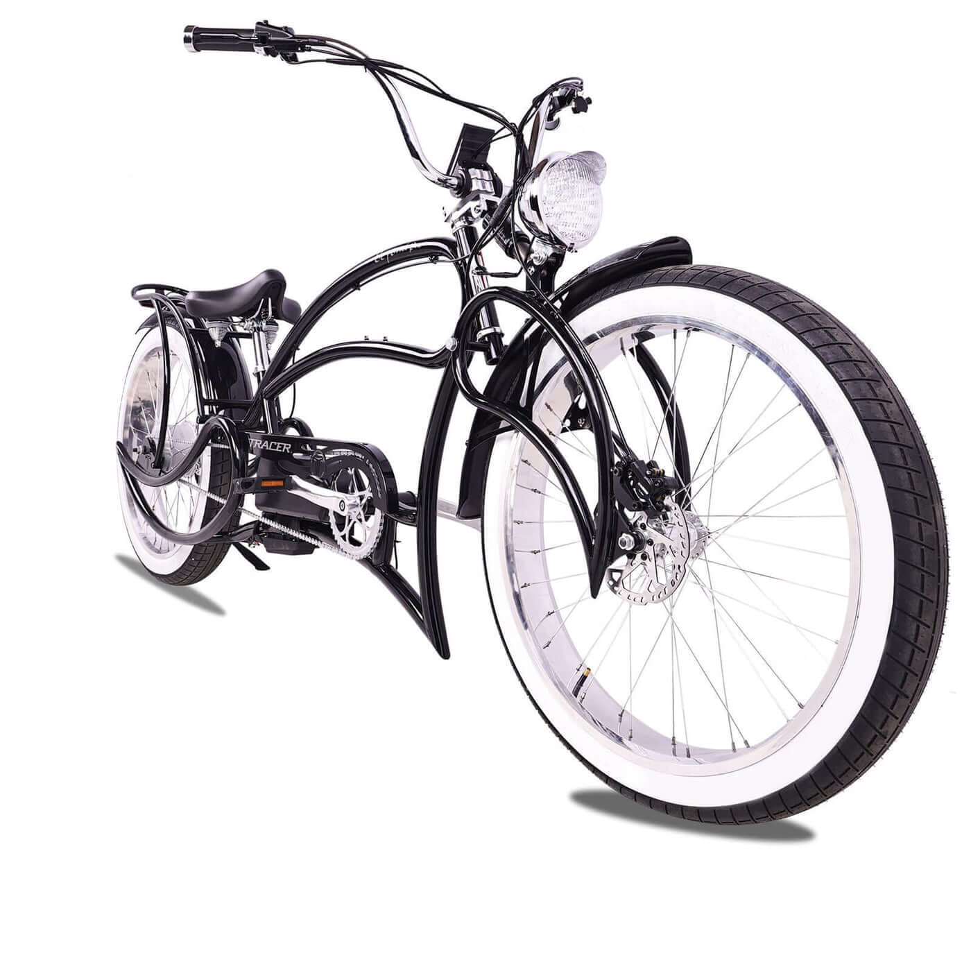 Tracer Beyond Pro Classic Stretch Chopper Electric Bike in stylish black with whitewall tires.