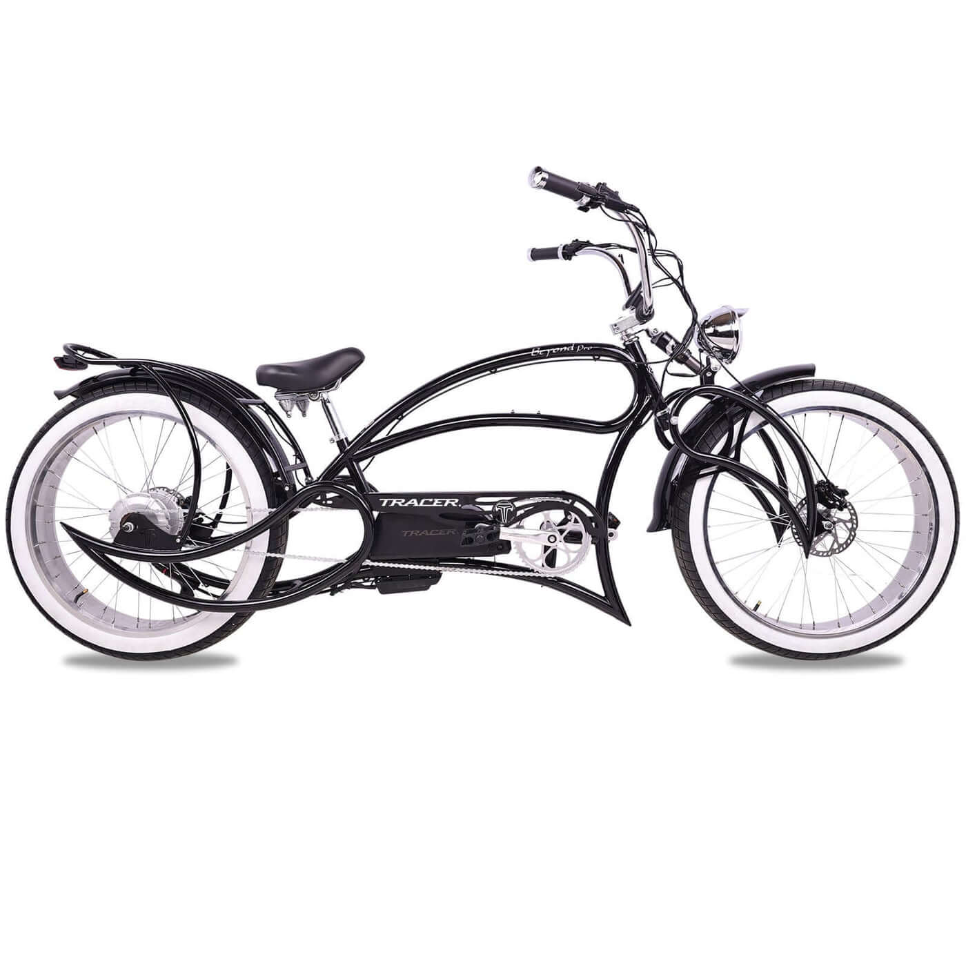 Tracer Beyond Pro Classic Stretch Chopper Electric Bike side view showcasing sleek design and features.