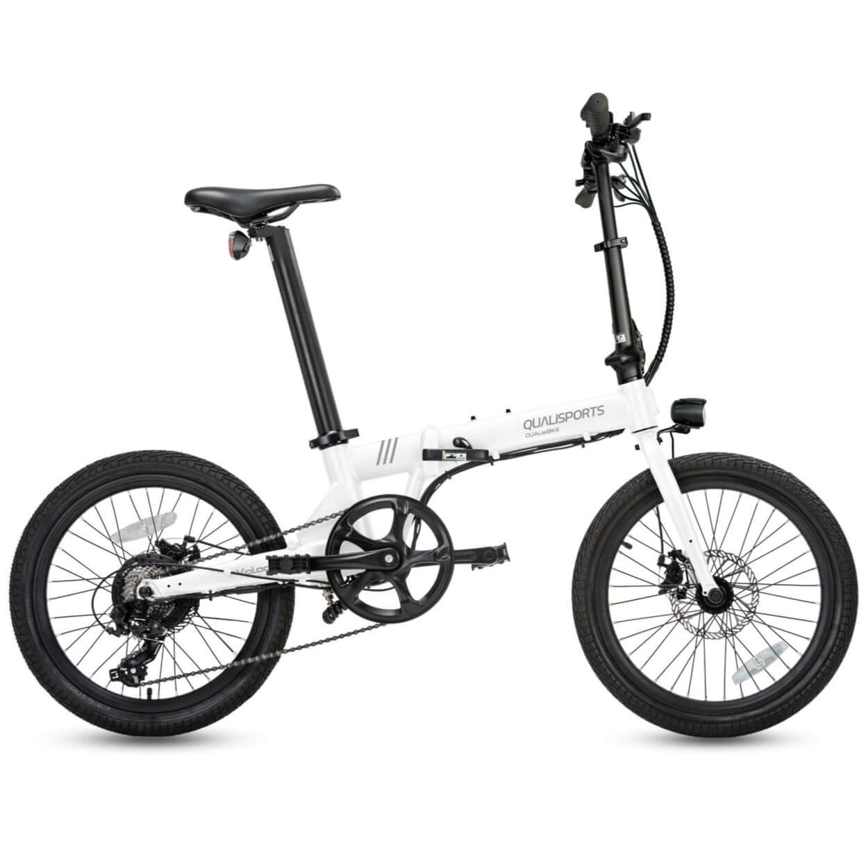 Qualisports Volador Lightweight Cruiser Folding Electric Bike in white with compact design and 20-inch wheels.