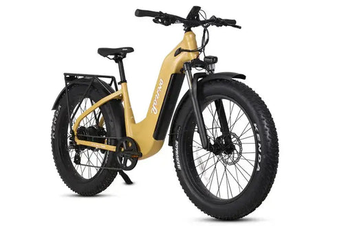 Gold electric bike with black tires on a white background
