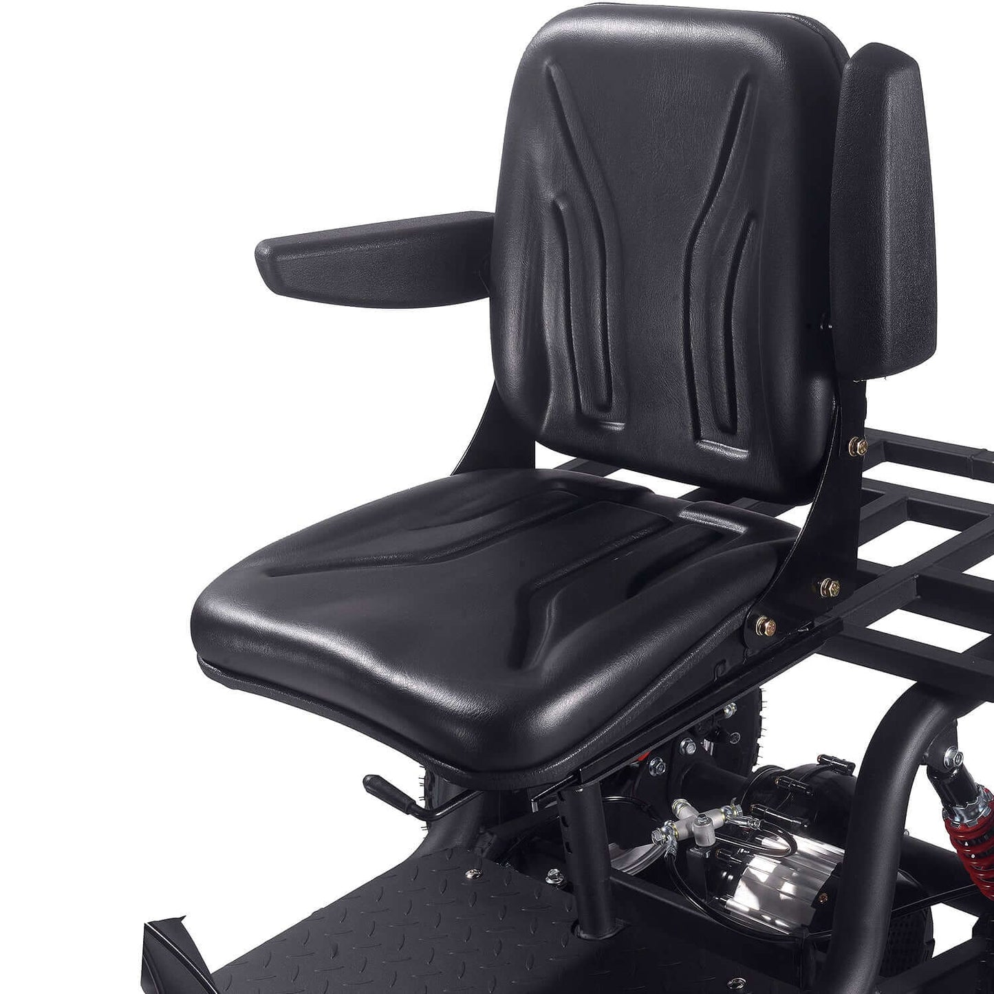 Comfortable black seat designed for MotoTec Electric Trike, featuring armrests and ergonomic design.