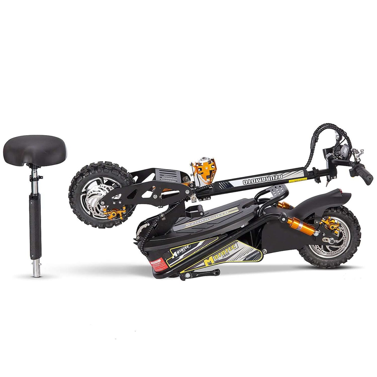Folded MotoTec Ares 48V 1600W Electric Scooter Black with detachable seat and off-road tires.