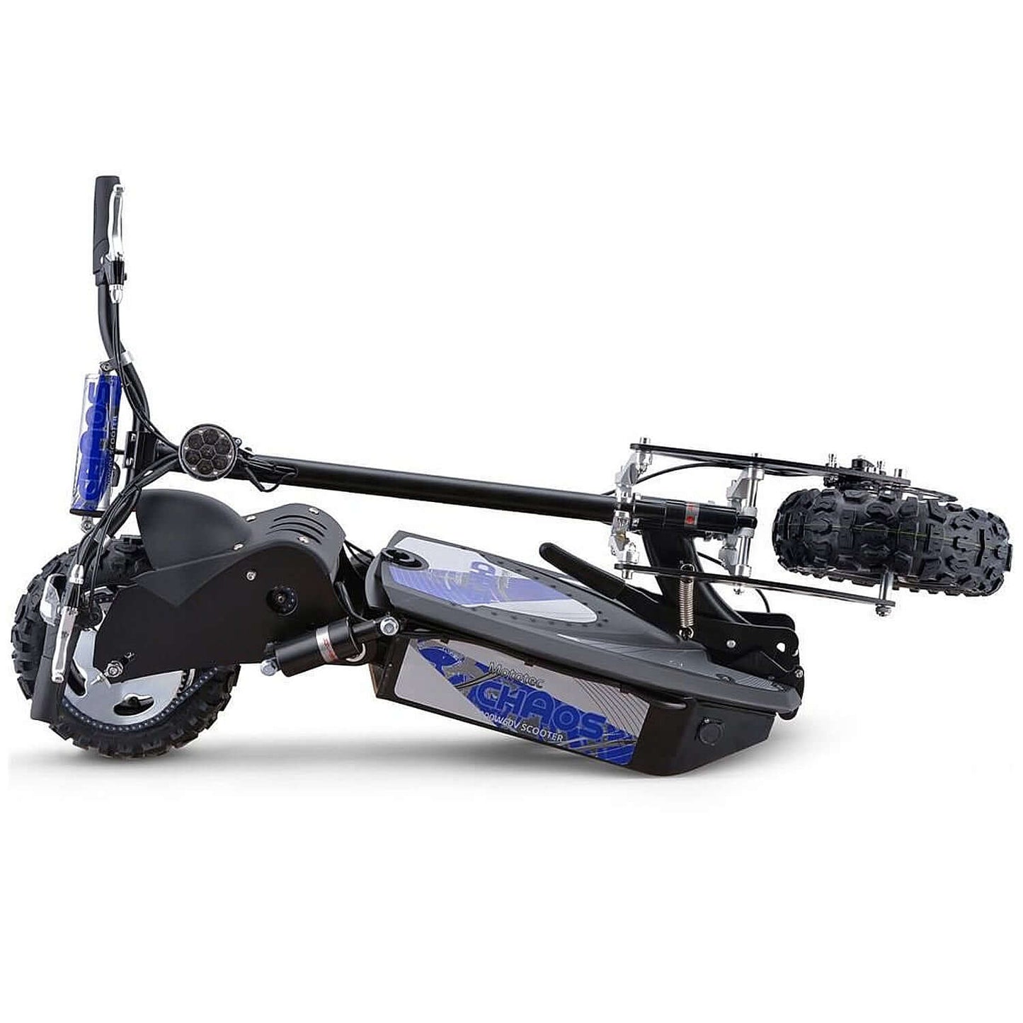 MotoTec Chaos 60V 2000W Lithium Electric Scooter in folded position, showcasing its sleek design and rugged tires.