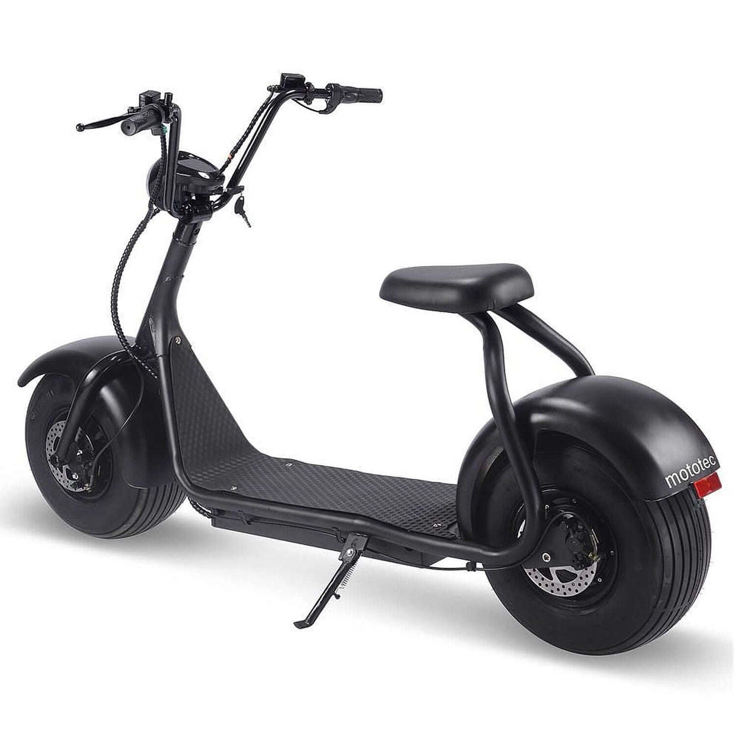 MotoTec Fat Tire 60V 2000W electric scooter in black side view with large tires.