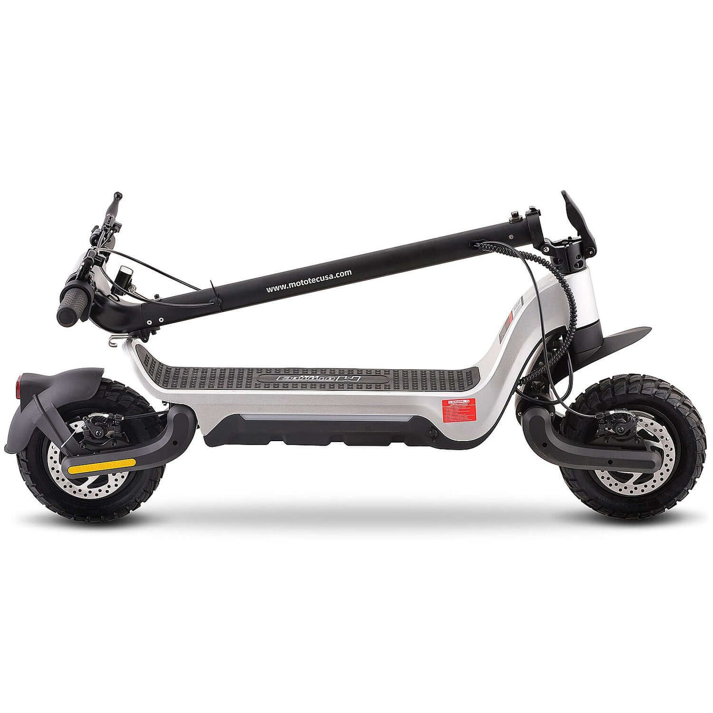 MotoTec Fury 48V 1000W Lithium Electric Scooter in folded position, showcasing its compact and sleek design.