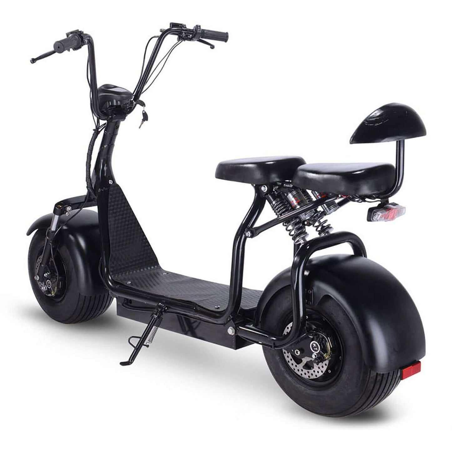 Black MotoTec Knockout 60V 1000W electric scooter showcasing dual seating and robust design.