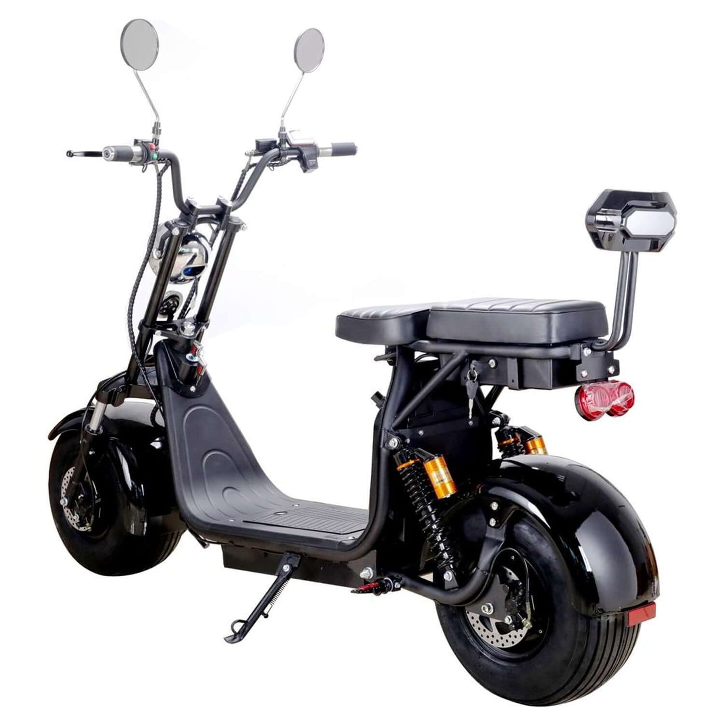 Rear view of the black MotoTec Knockout 60V 2000W lithium electric scooter with a comfortable seat and mirrors.