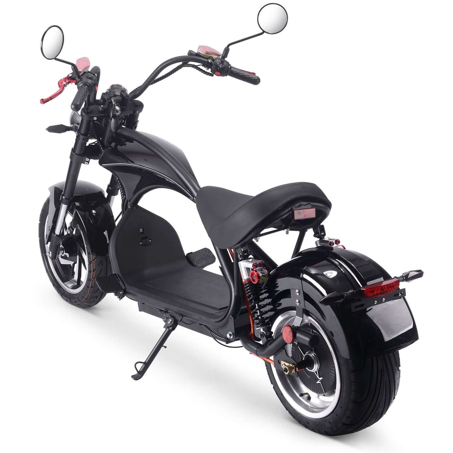 Rear view of the MotoTec Lowboy 60V 2500W Lithium Electric Scooter in black, showcasing its sleek design and features.