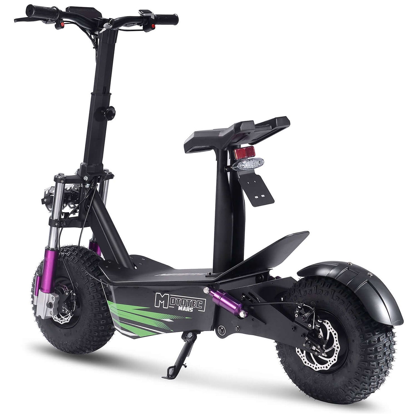 Side view of MotoTec Mars 48V 2500W Electric Scooter in black with traction tires and purple accents.