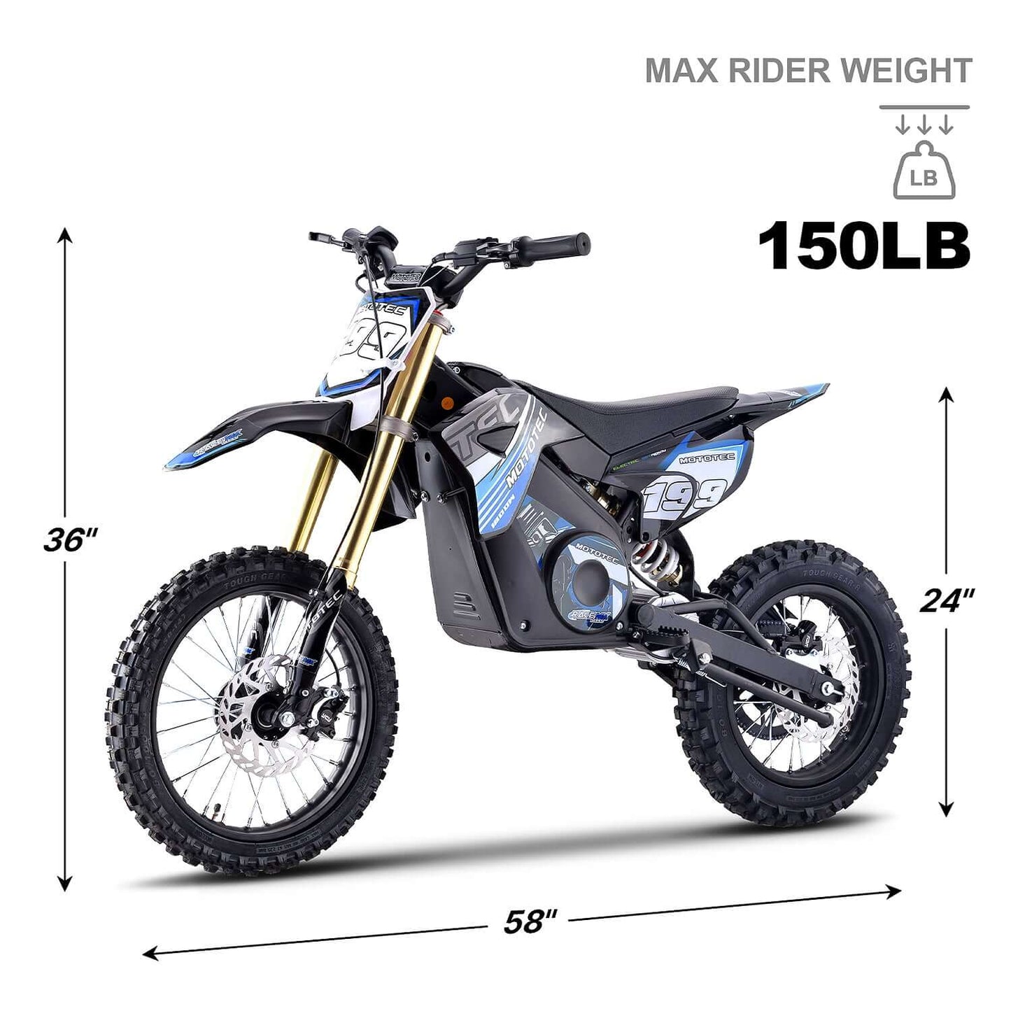 MotoTec Pro 48V 1800W electric dirt bike dimensions with max rider weight of 150lbs, showcasing sleek design and performance.