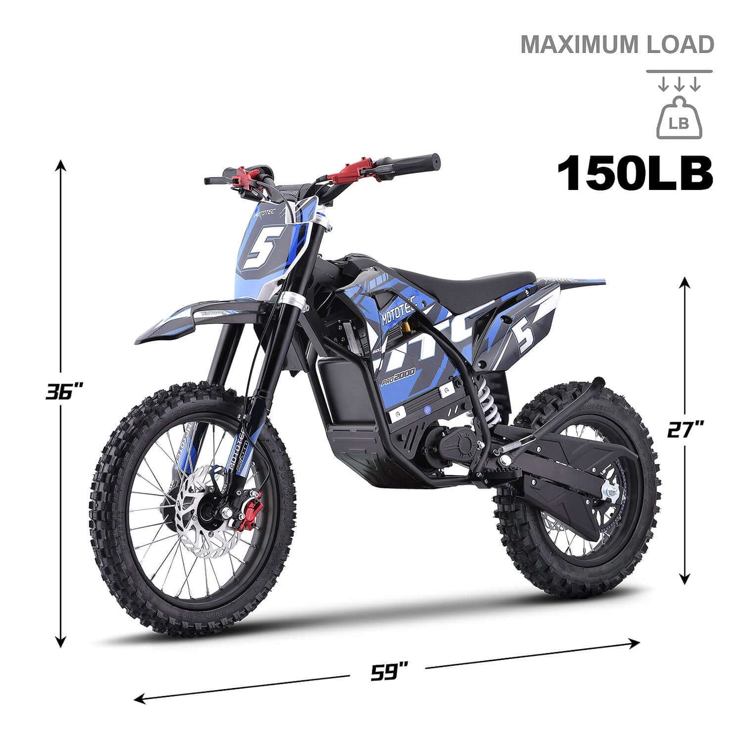 MotoTec Pro 60V 2000W Electric Dirt Bike with dimensions 36" height, 27" width, 59" length, and maximum load of 150 lbs.