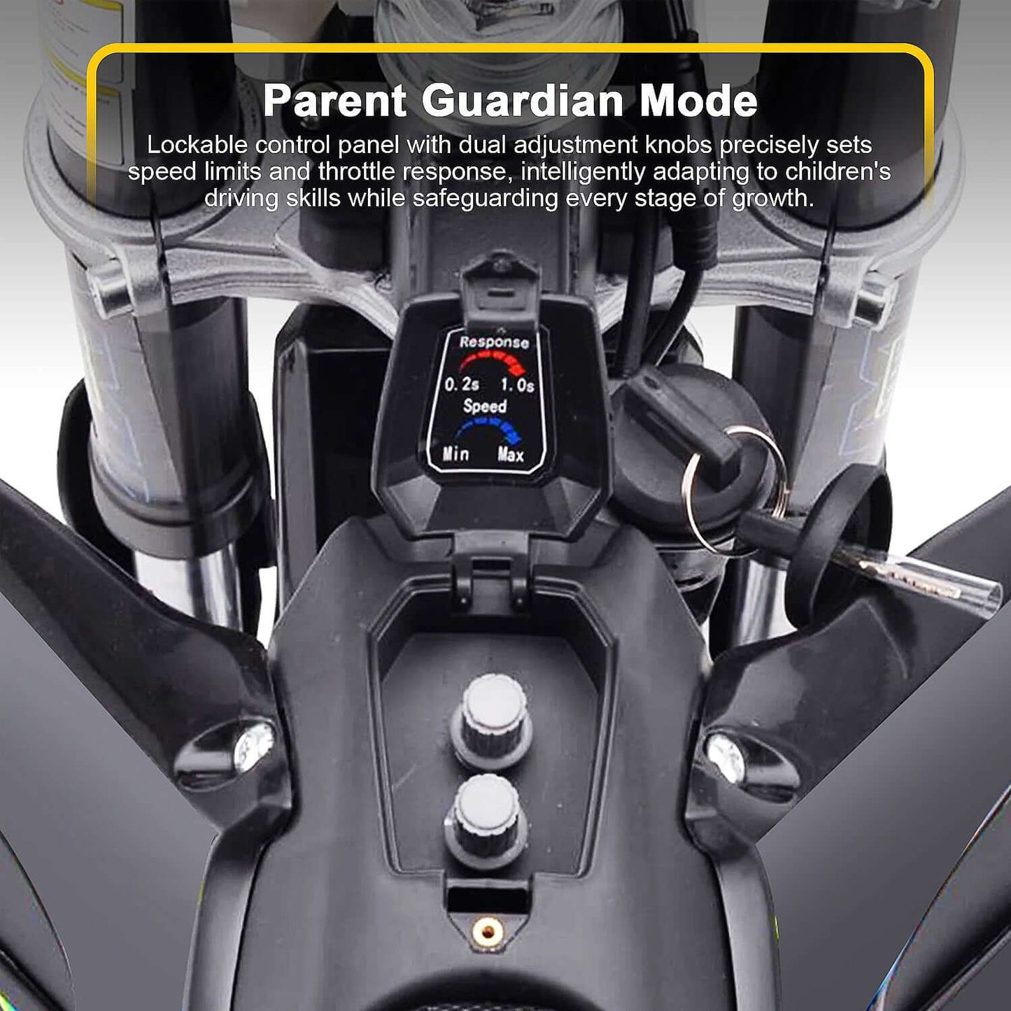 Close-up of the MotoTec electric dirt bike's control panel showcasing the Parent Guardian Mode with adjustment knobs.