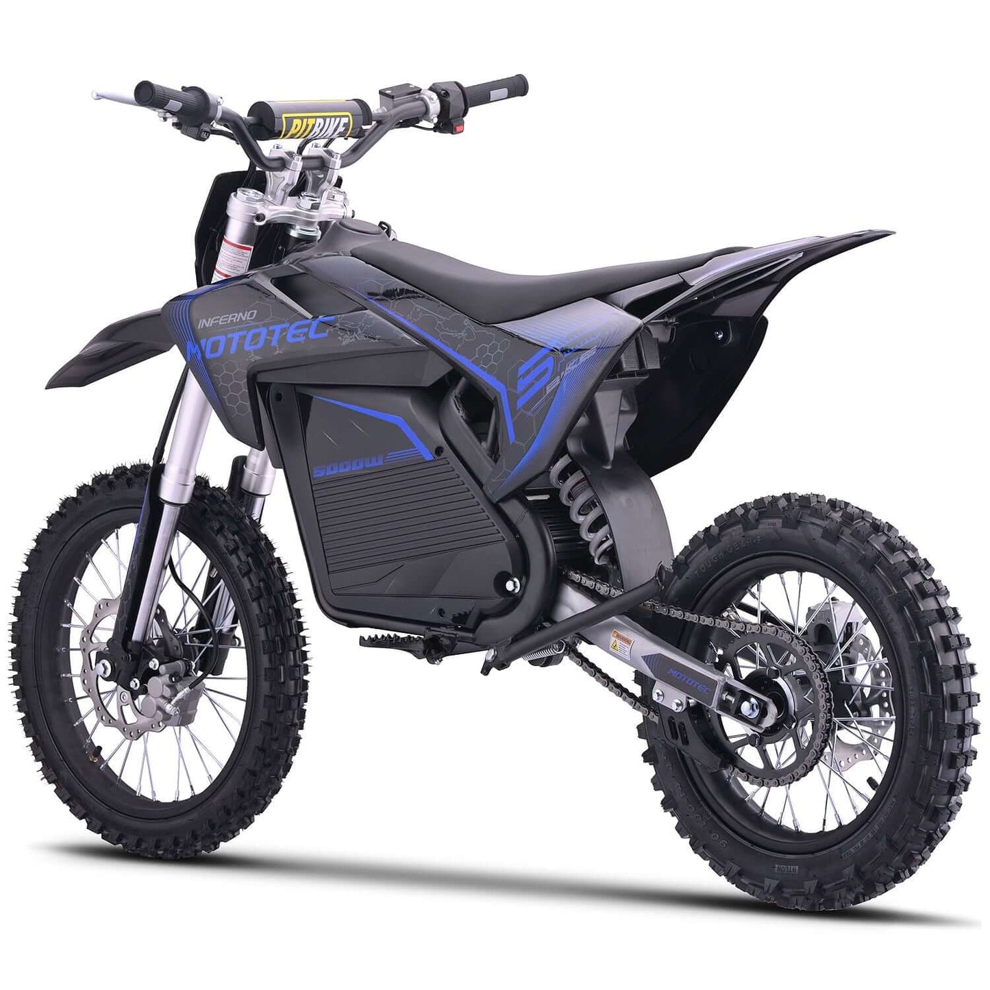 MotoTec Pro 72V 5000W Electric Dirt Bike in black and blue color with off-road tires