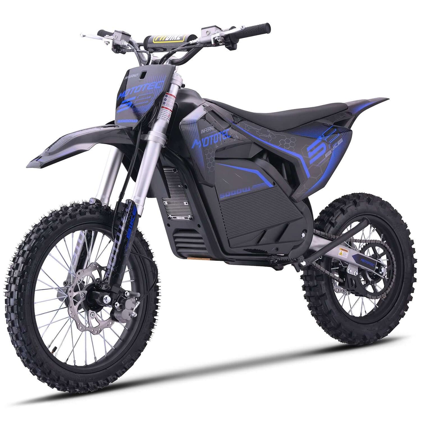 MotoTec Pro 72V 5000W Electric Dirt Bike in black and blue, featuring rugged tires and a sleek design.