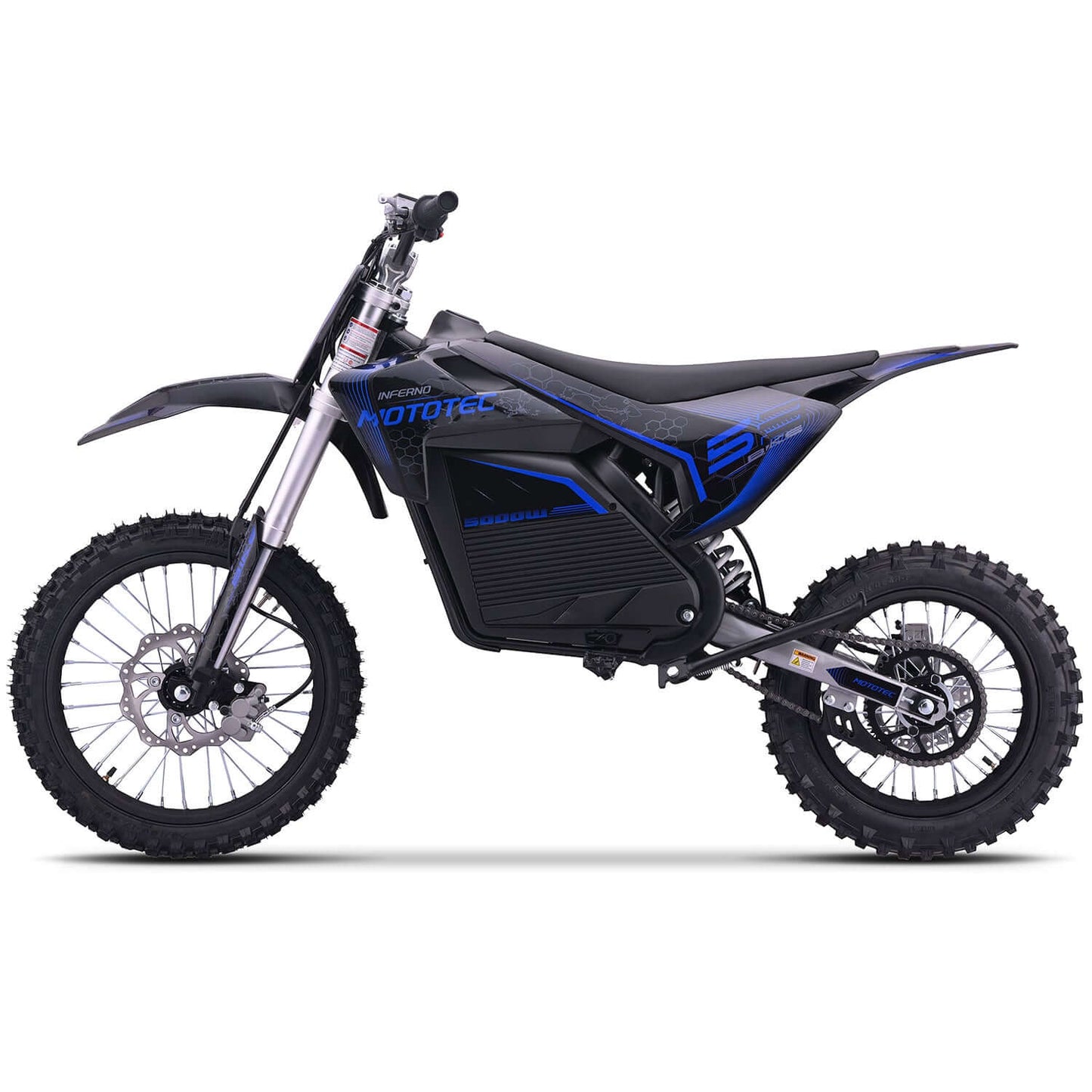 MotoTec Pro 72V 5000W Electric Dirt Bike in black and blue, showcasing its sleek design and rugged tires.