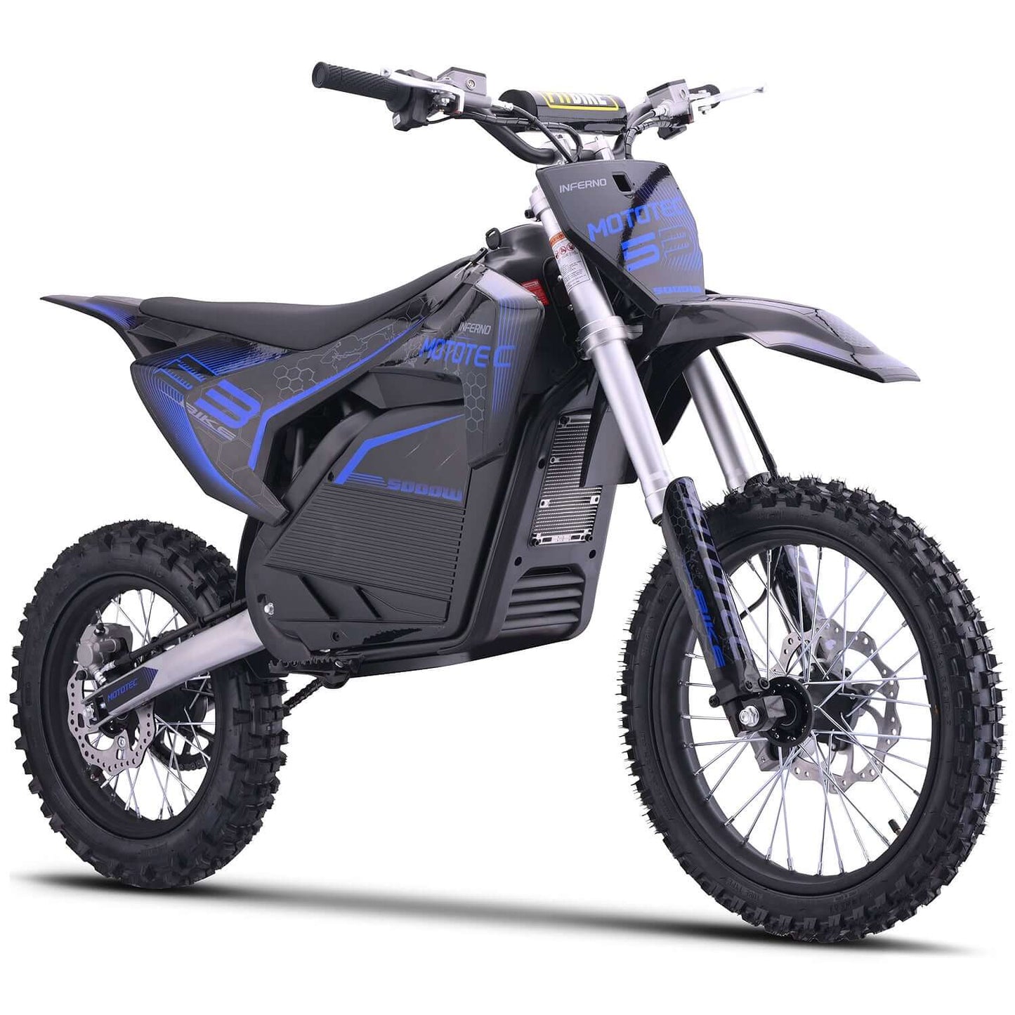 MotoTec Pro 72V 5000W Electric Dirt Bike in black and blue design with off-road tires