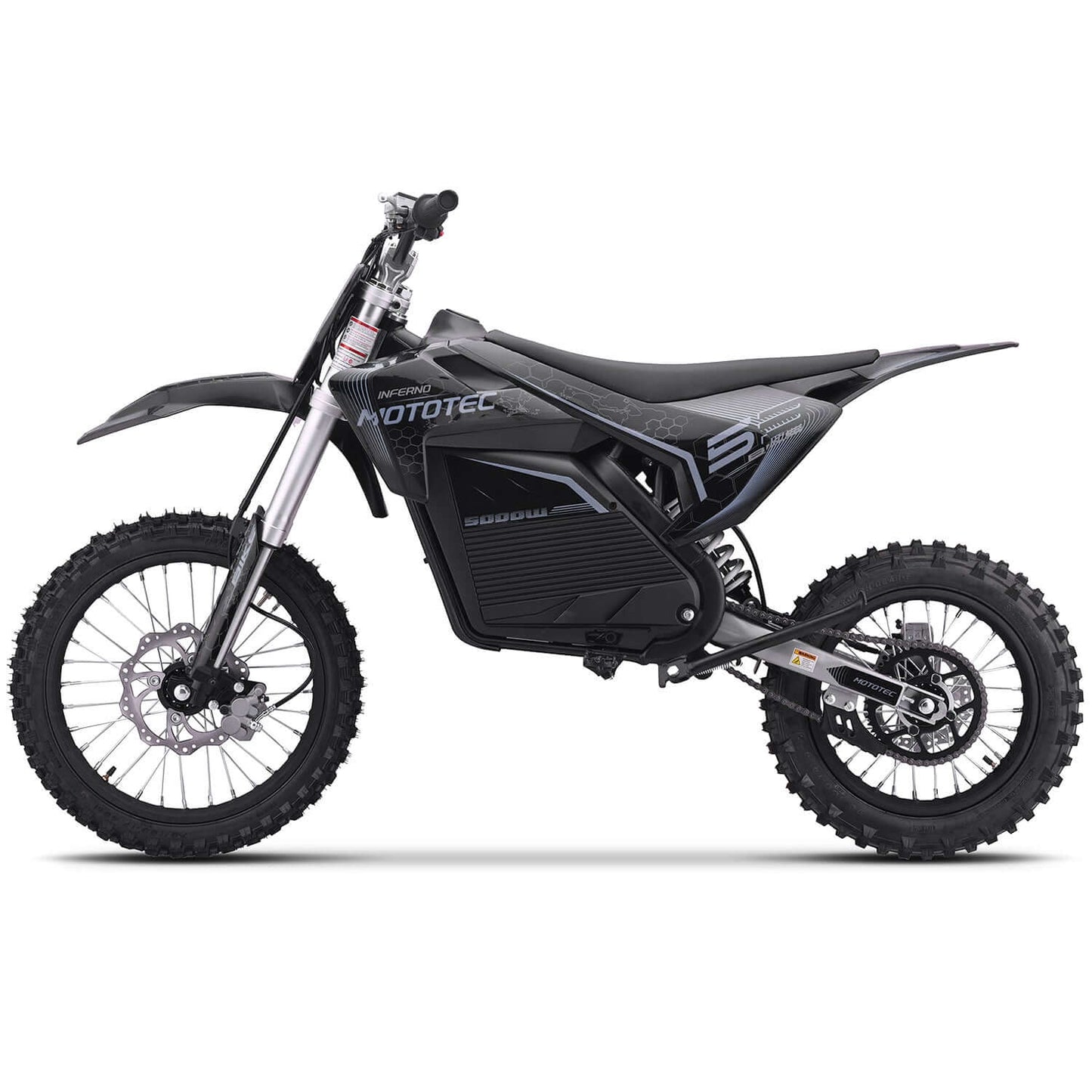 MotoTec Pro 72V 5000W electric dirt bike in black, showcasing its sleek design and robust tires.
