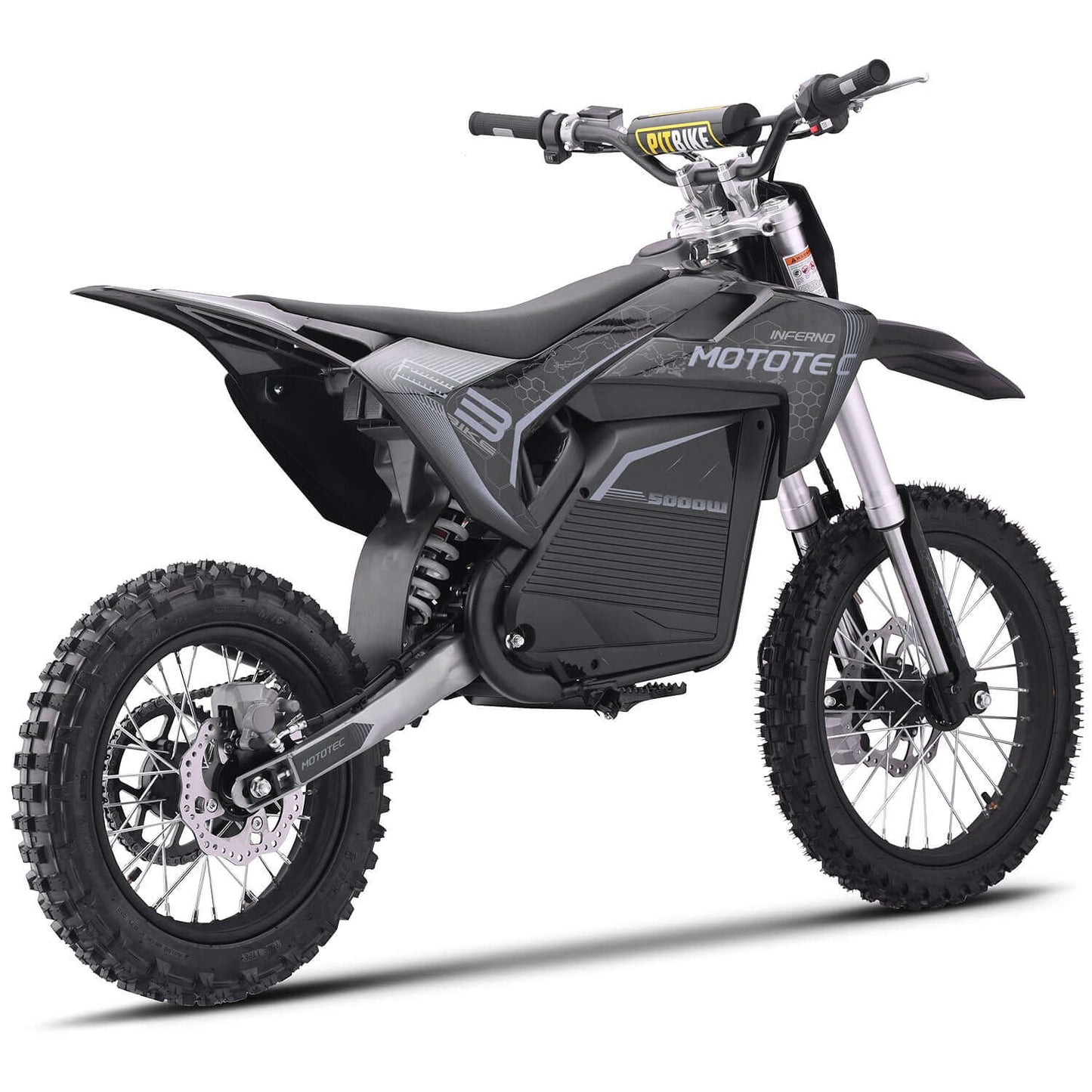 MotoTec Pro 72V 5000W Electric Dirt Bike in sleek black design, showcasing powerful features and rugged tires.