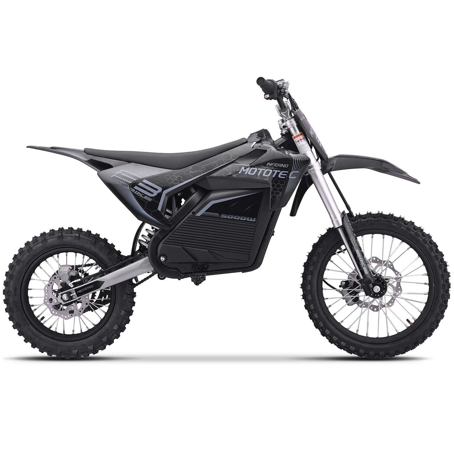 Side view of the MotoTec Pro 72V 5000W Electric Dirt Bike showcasing its sleek design and robust tires.