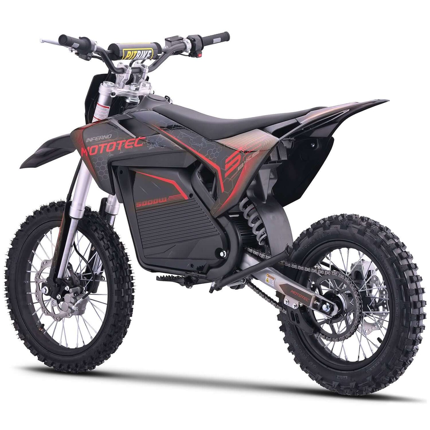 MotoTec Pro 72V 5000W Electric Dirt Bike with sleek design and off-road tires on a white background.