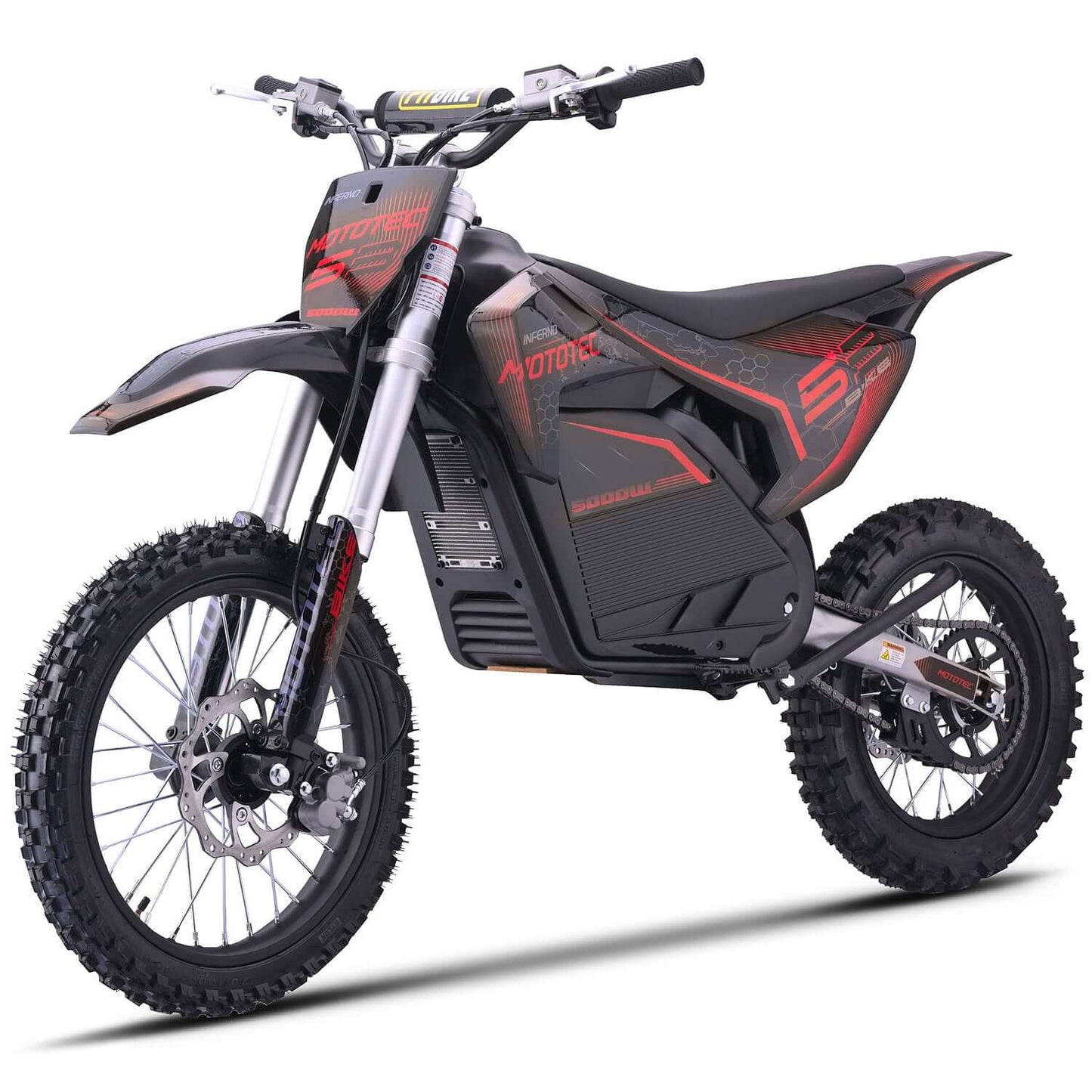 MotoTec Pro 72V 5000W Electric Dirt Bike with black and red design, showcasing off-road capabilities.