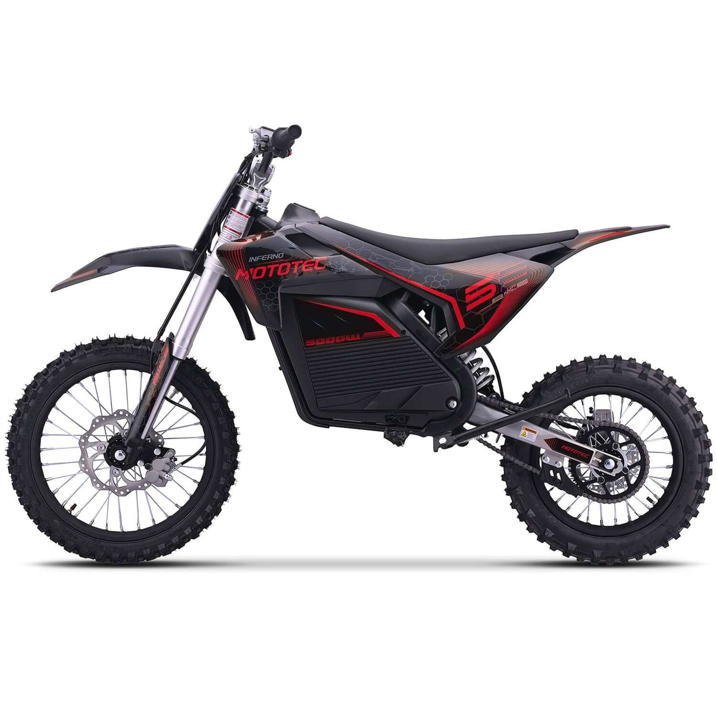 MotoTec Pro 72V 5000W electric dirt bike showcasing a sleek design with black and red accents.