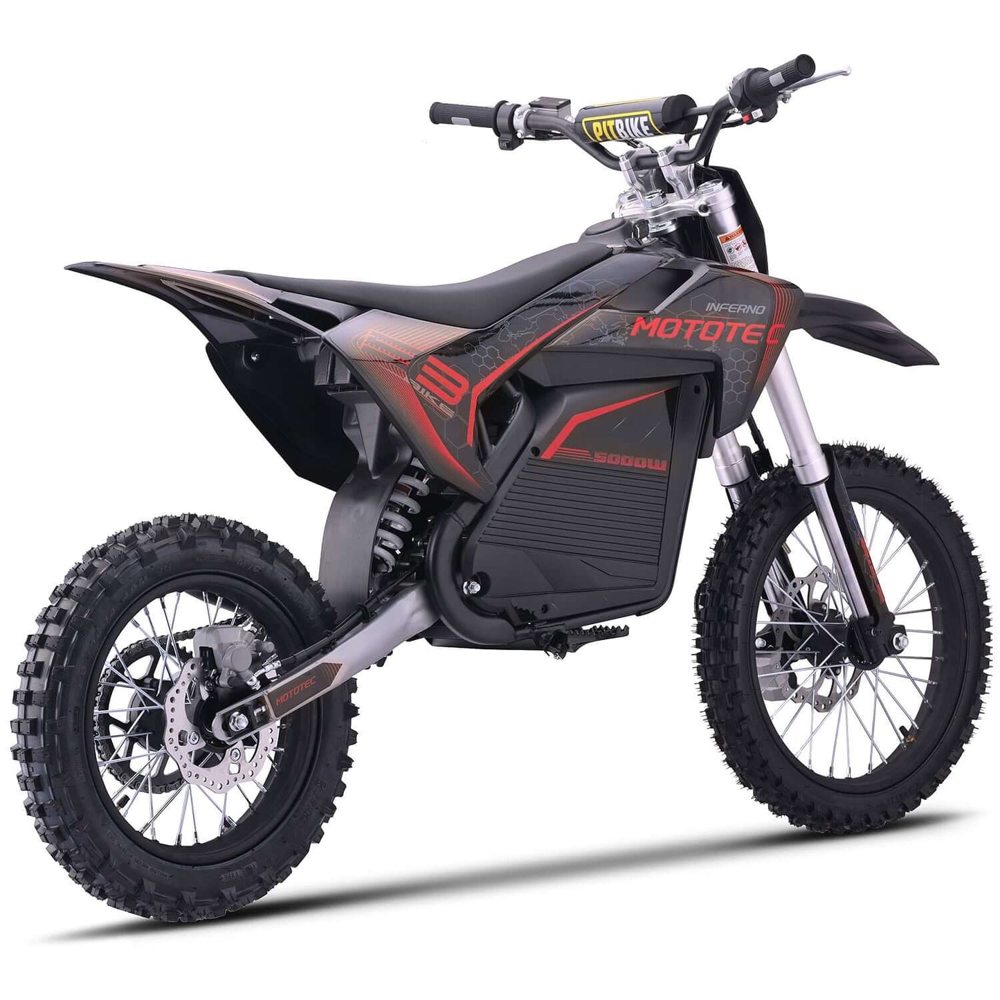 MotoTec Pro 72V 5000W electric dirt bike showcasing sporty design and rugged tires for off-road adventures.