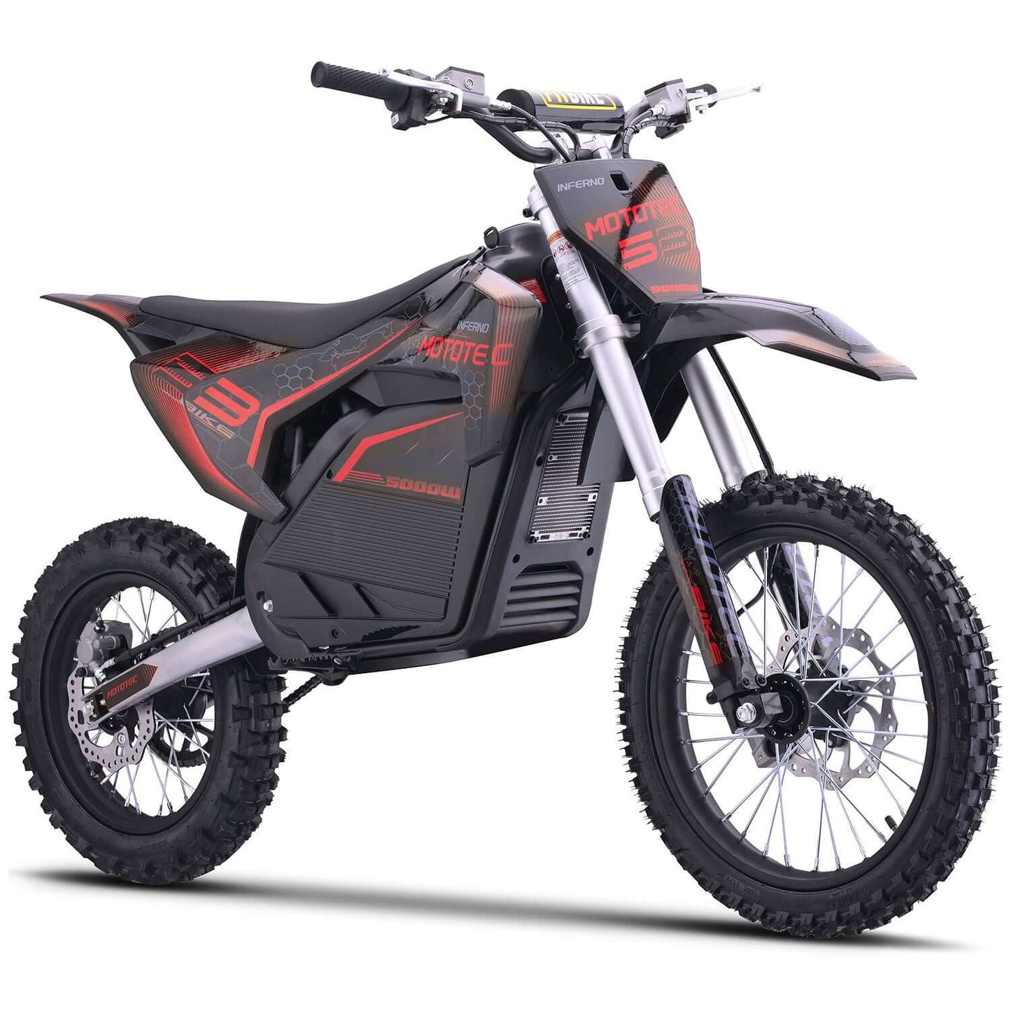 MotoTec Pro 72V 5000W Electric Dirt Bike in black and red color, showcasing powerful performance and rugged design.