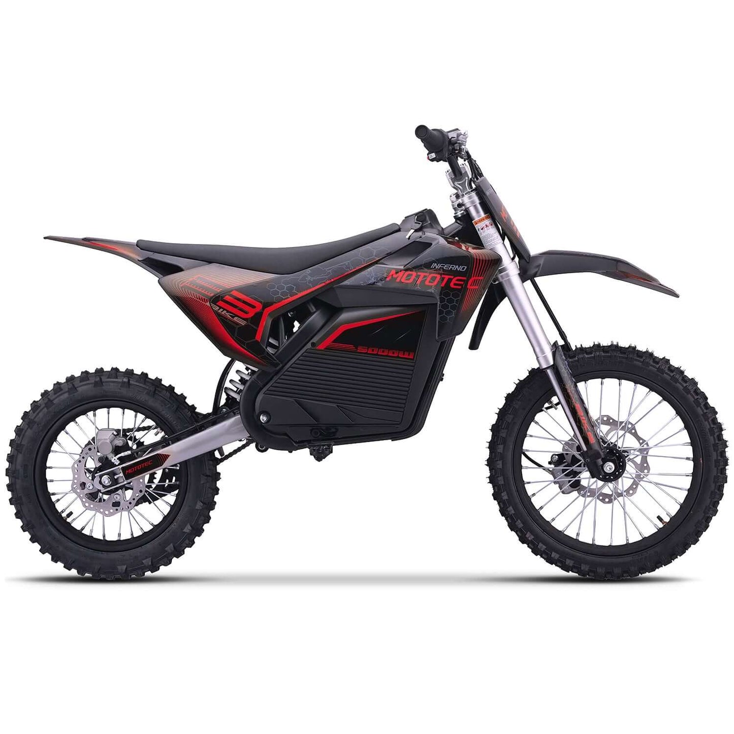 MotoTec Pro 72V 5000W electric dirt bike in black and red, showcasing its sleek design and off-road capabilities.
