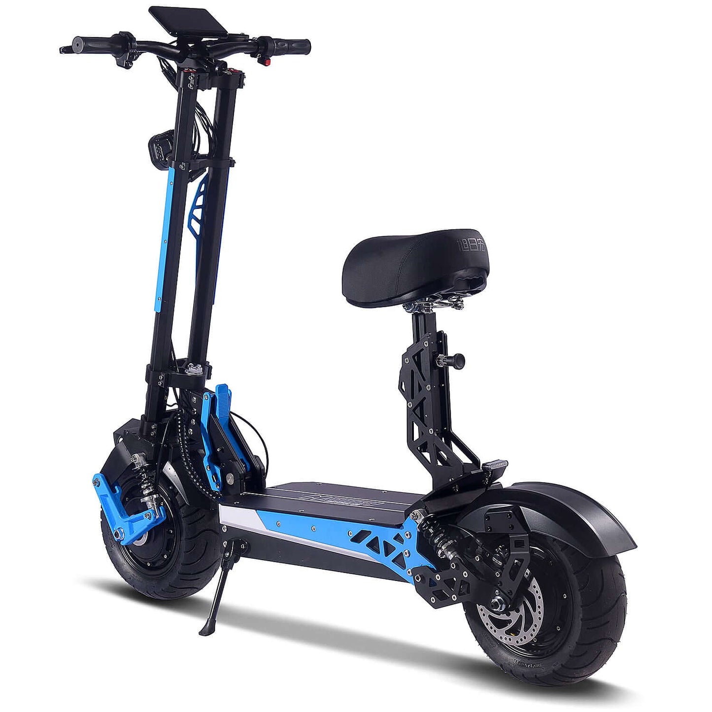MotoTec Switchblade 60V 4000W Lithium Electric Scooter in blue and black design, showcasing its modern features and sturdy build.