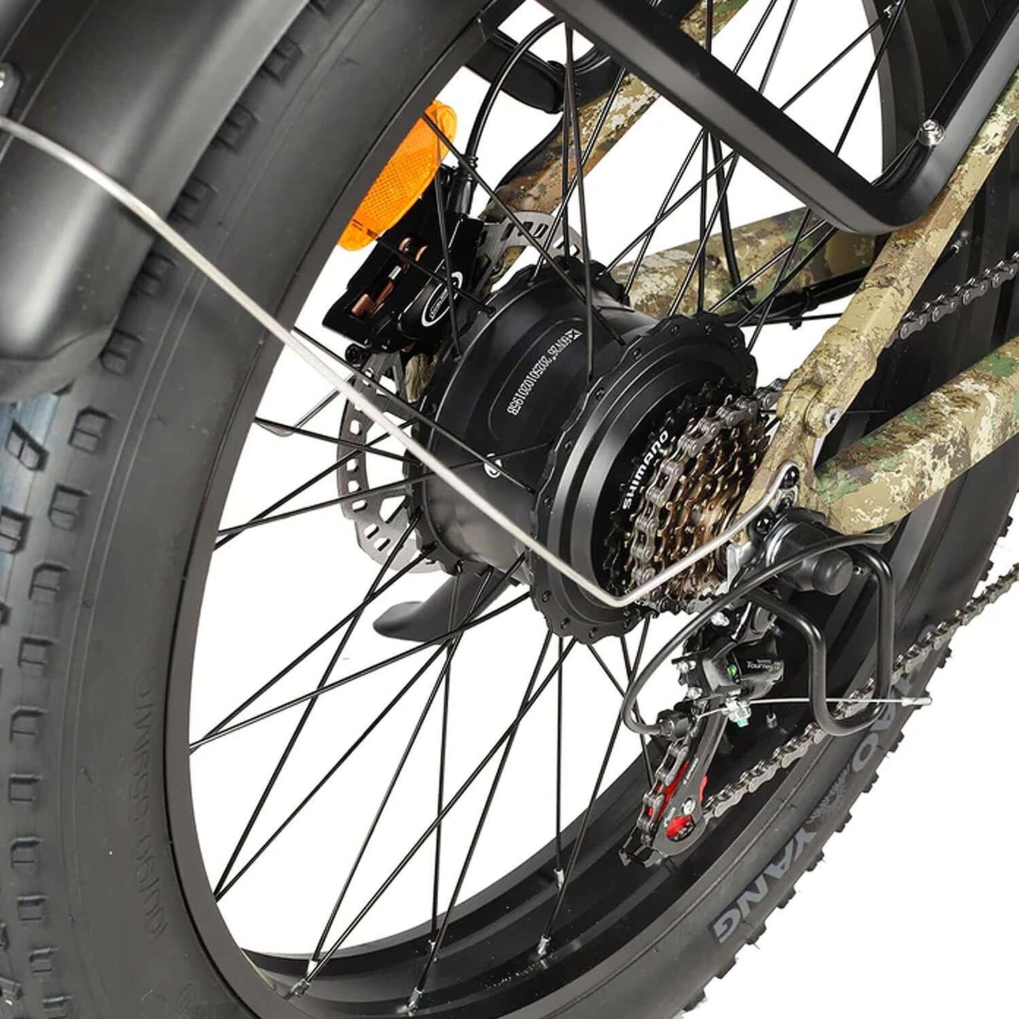 Close-up of Philodo Falcon electric bike rear wheel featuring dual motor and suspension system.