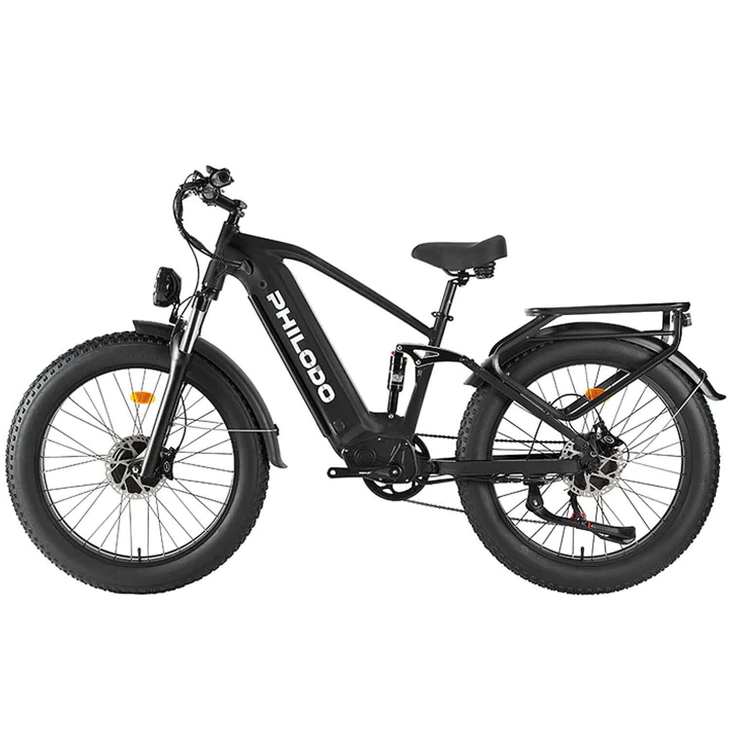 Philodo Falcon 60V 5000W dual motor electric bike with full suspension and fat tires, side view.