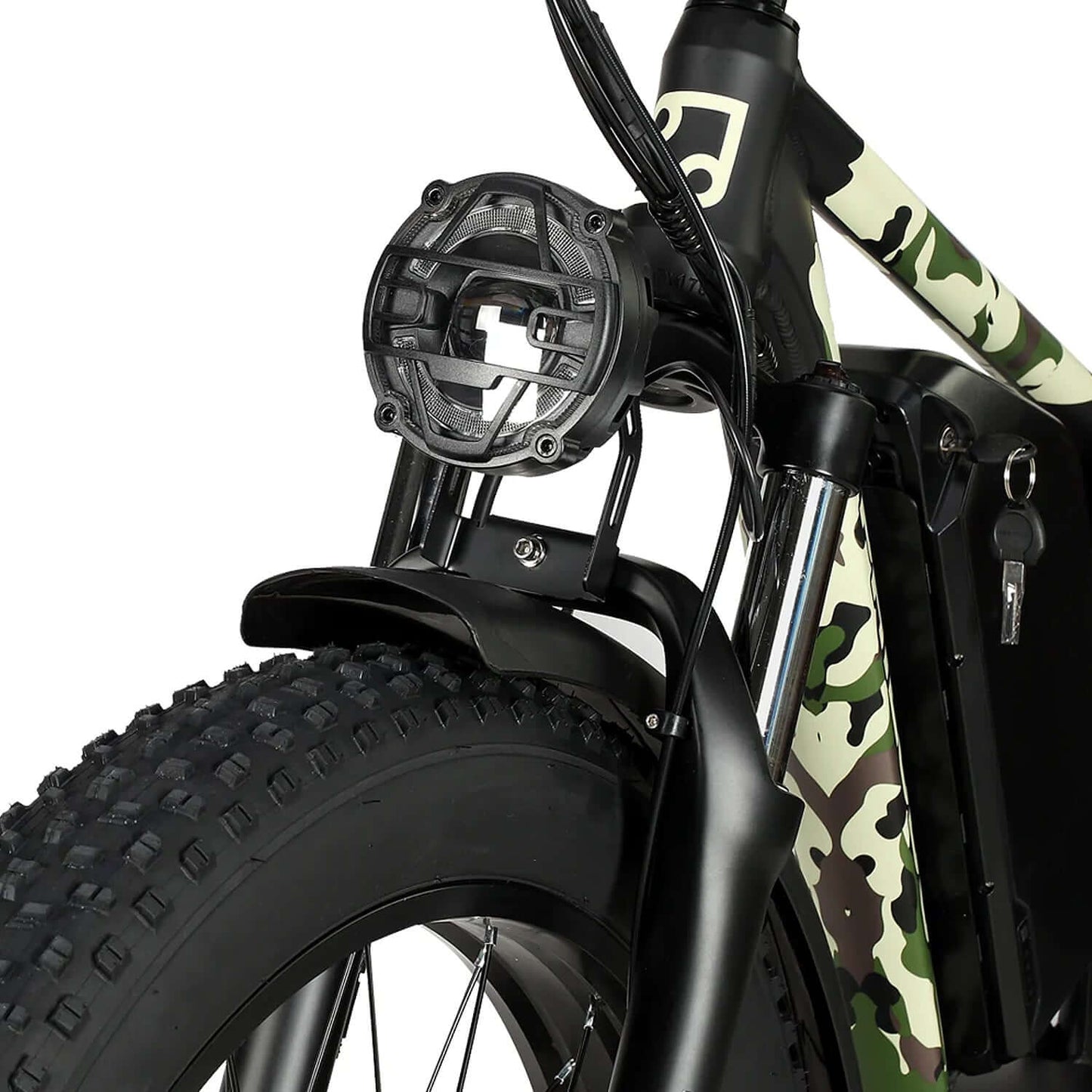 Close-up of Philodo Forester electric bike front light and suspension fork on camo frame.