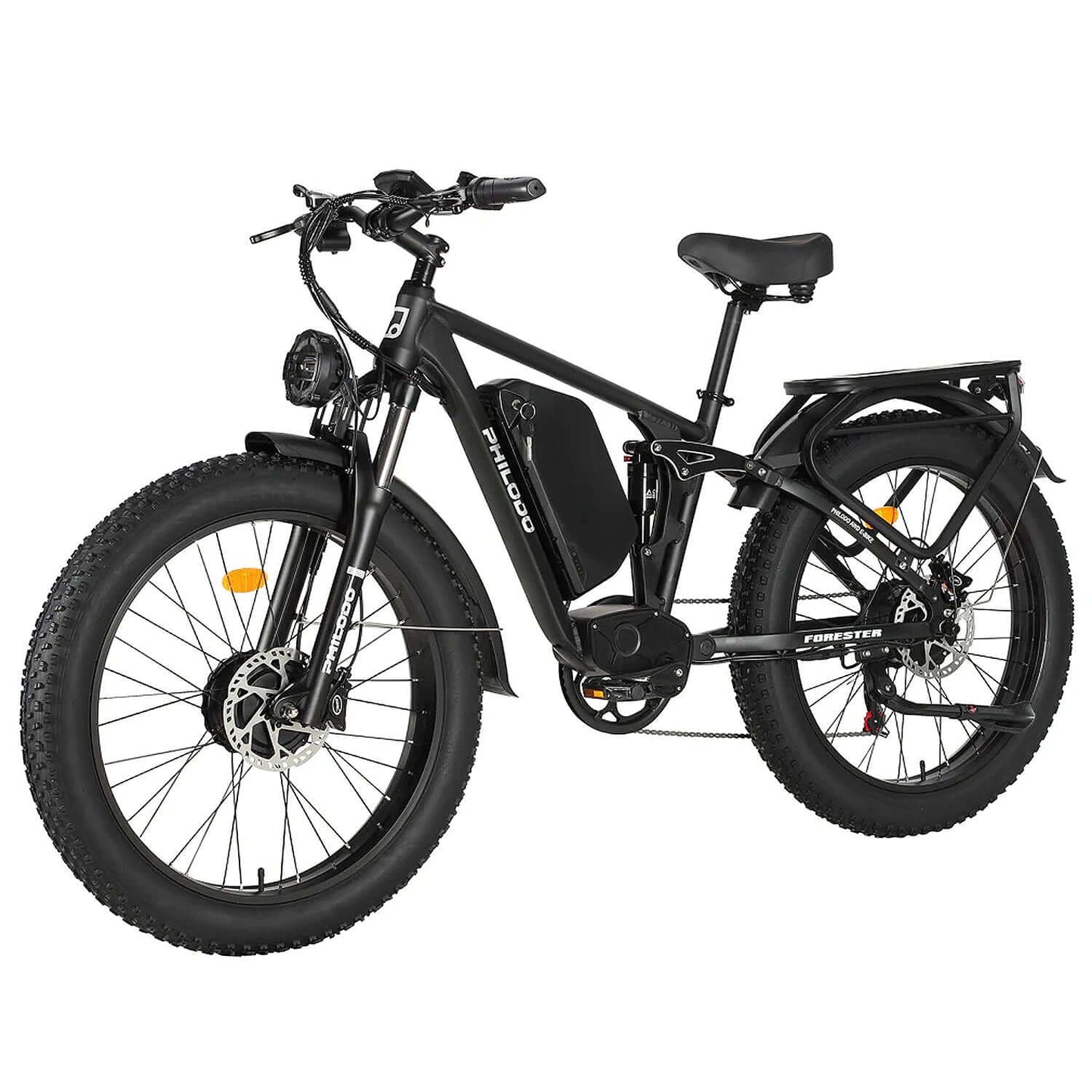 Philodo Forester 60V 5000W Dual Motor Full Suspension Electric Bike in black with wide tires and advanced features.