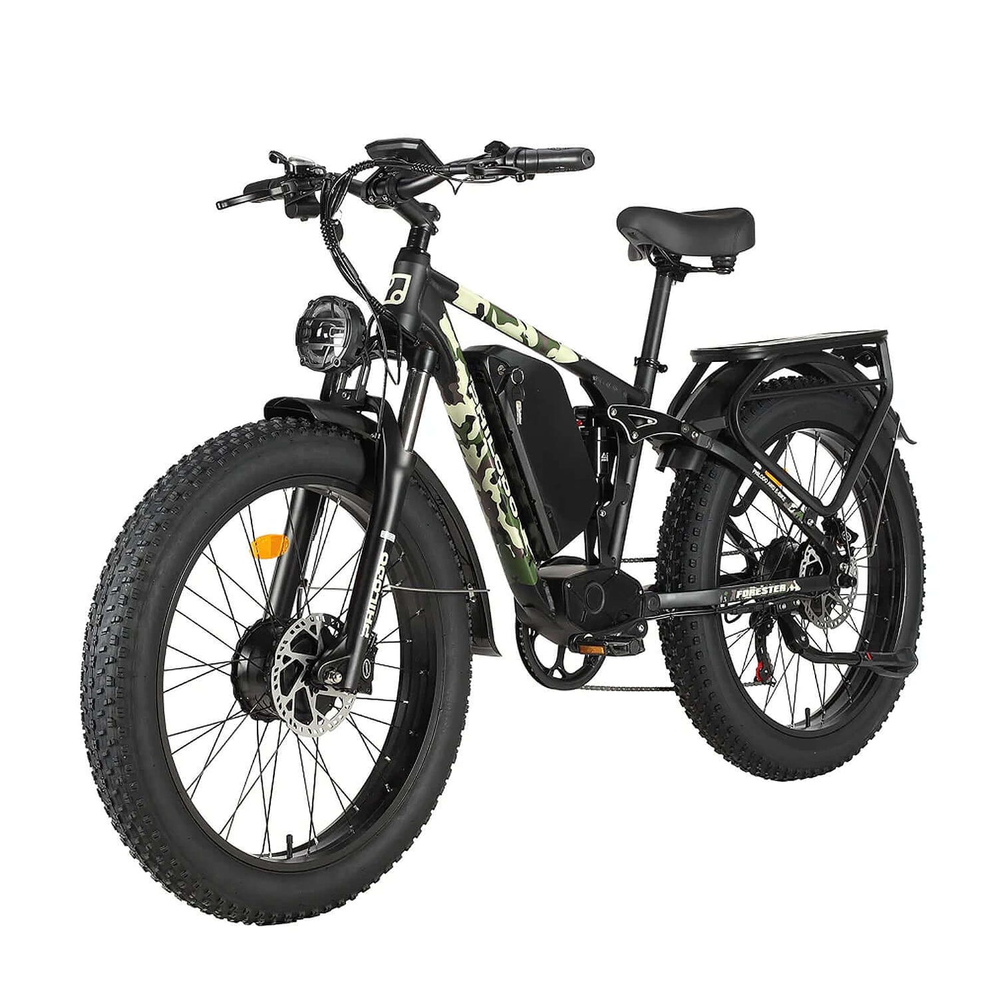 Philodo Forester 60V 5000W dual motor full suspension electric bike with fat tires and sleek design.