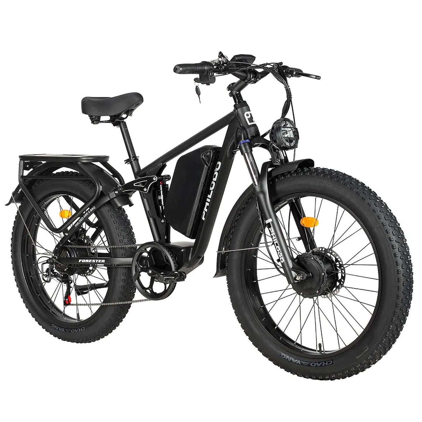 Philodo Forester 60V 5000W Dual Motor Full Suspension Electric Bike in black, featuring fat tires and a stylish design.