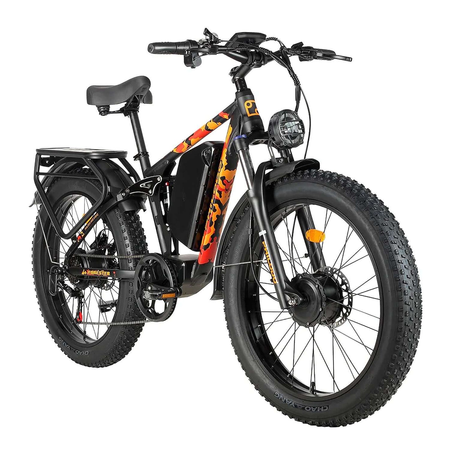 Philodo Forester 60V 5000W Dual Motor Full Suspension Electric Bike with rugged tires and stylish design.