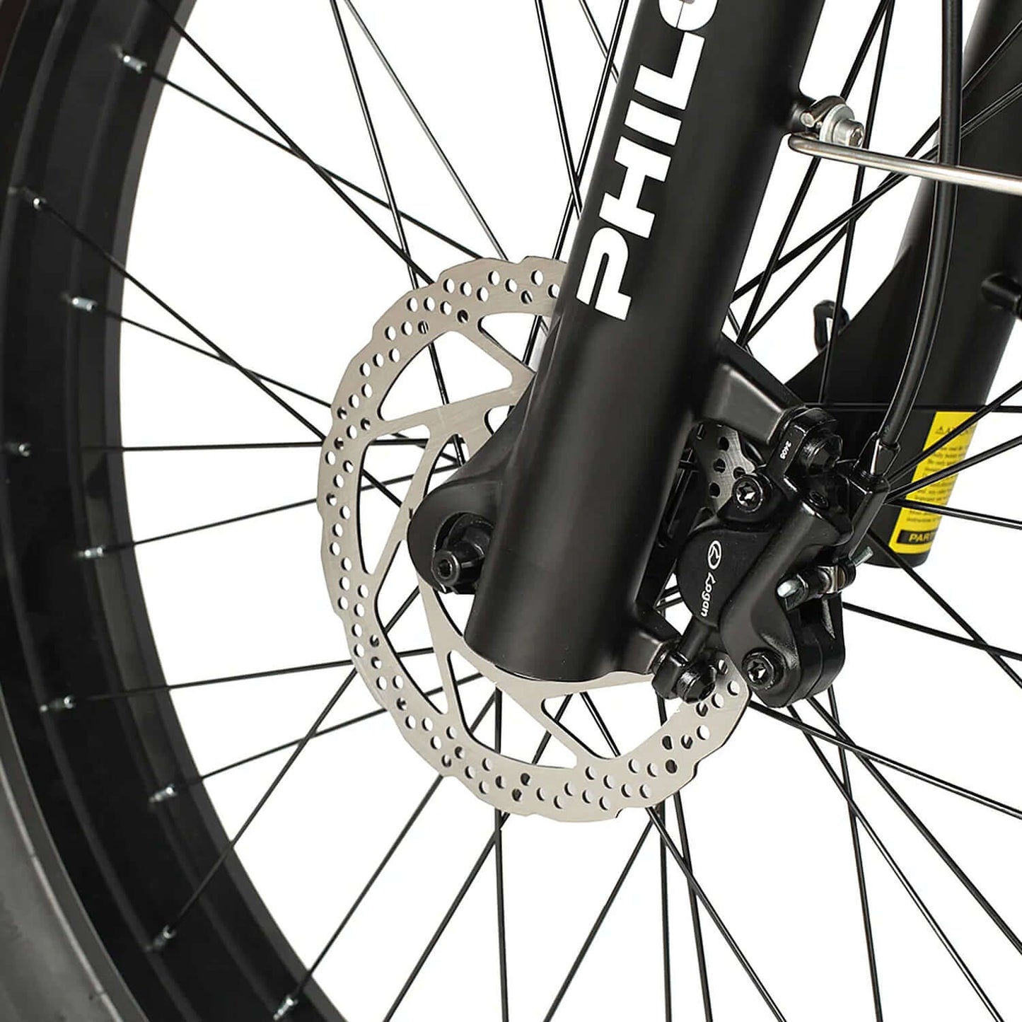 Philodo Hunter electric bike front disc brake and suspension detail for optimal performance.