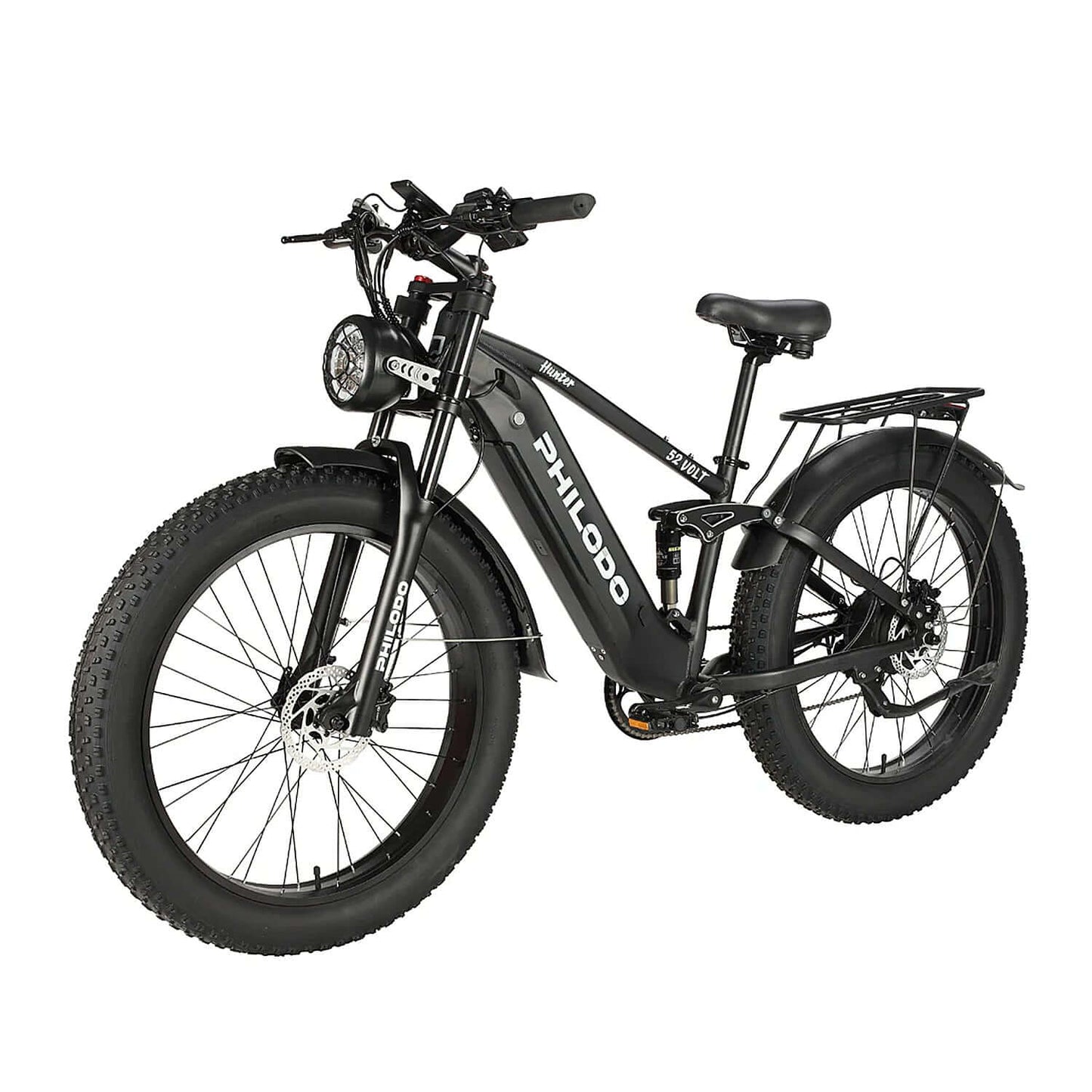 Philodo Hunter Full Suspension Electric Bike showcasing a sleek black design and robust features.