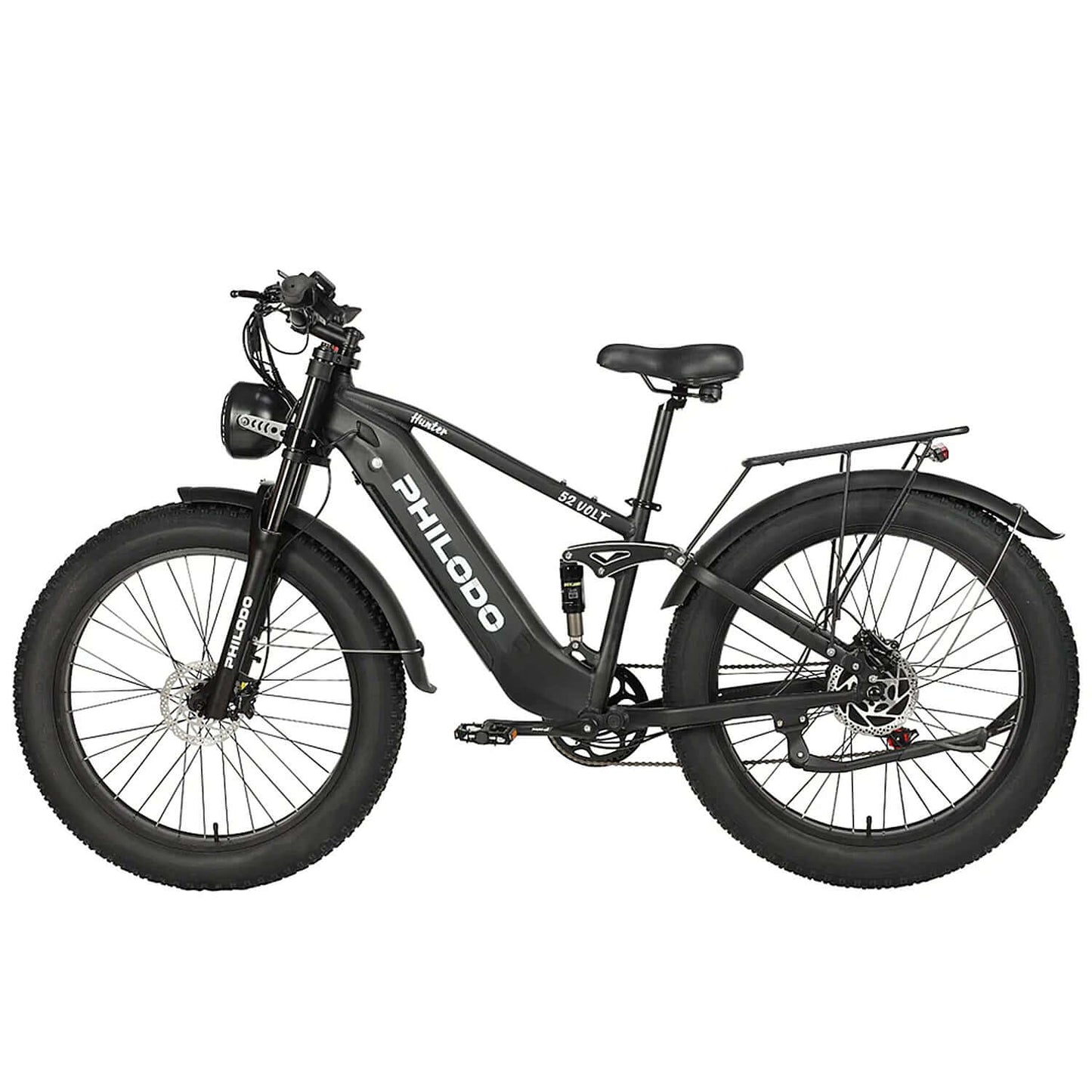 Philodo Hunter Full Suspension Electric Bike in black with thick tires and a sturdy frame.