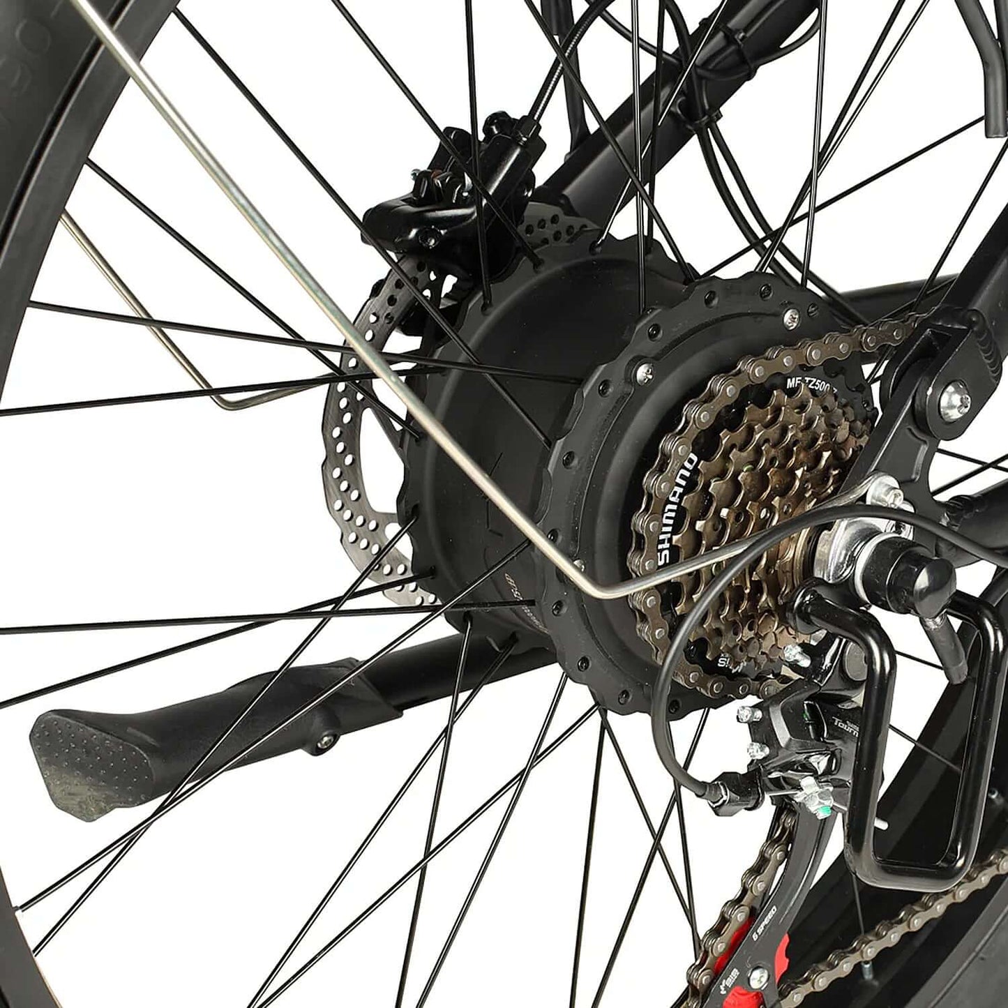 Close-up of Philodo Hunter Full Suspension Electric Bike rear wheel with Shimano hub and gear system.
