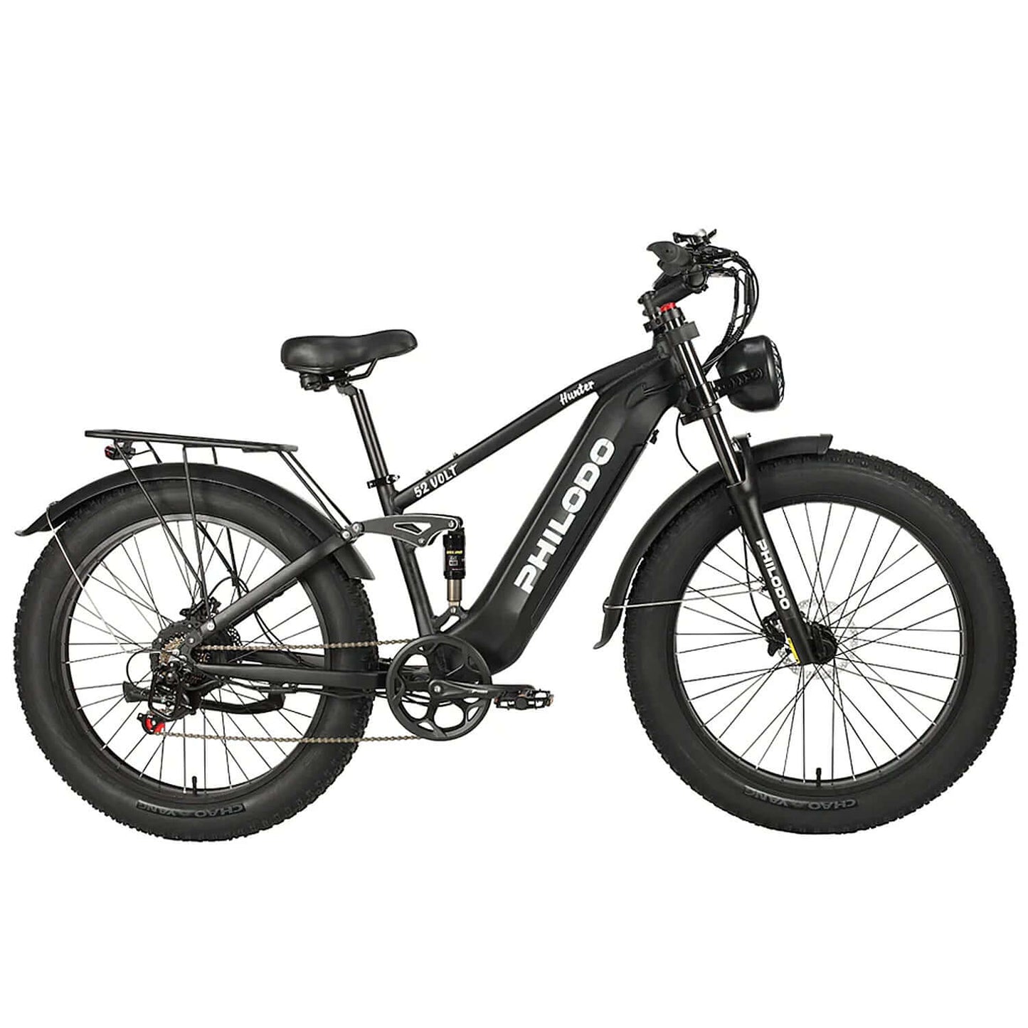 Philodo Hunter Full Suspension Electric Bike with rugged tires and sleek design for off-road adventures.