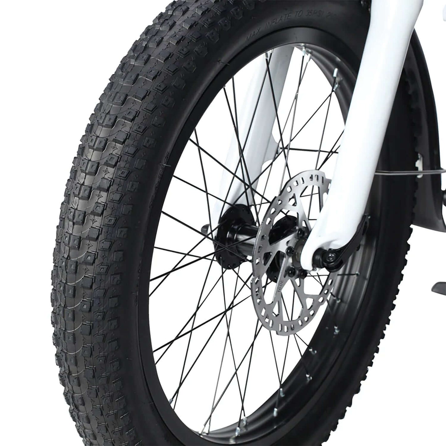 Close-up of Philodo Traveller electric bike front tire showing durable tread and disc brake.