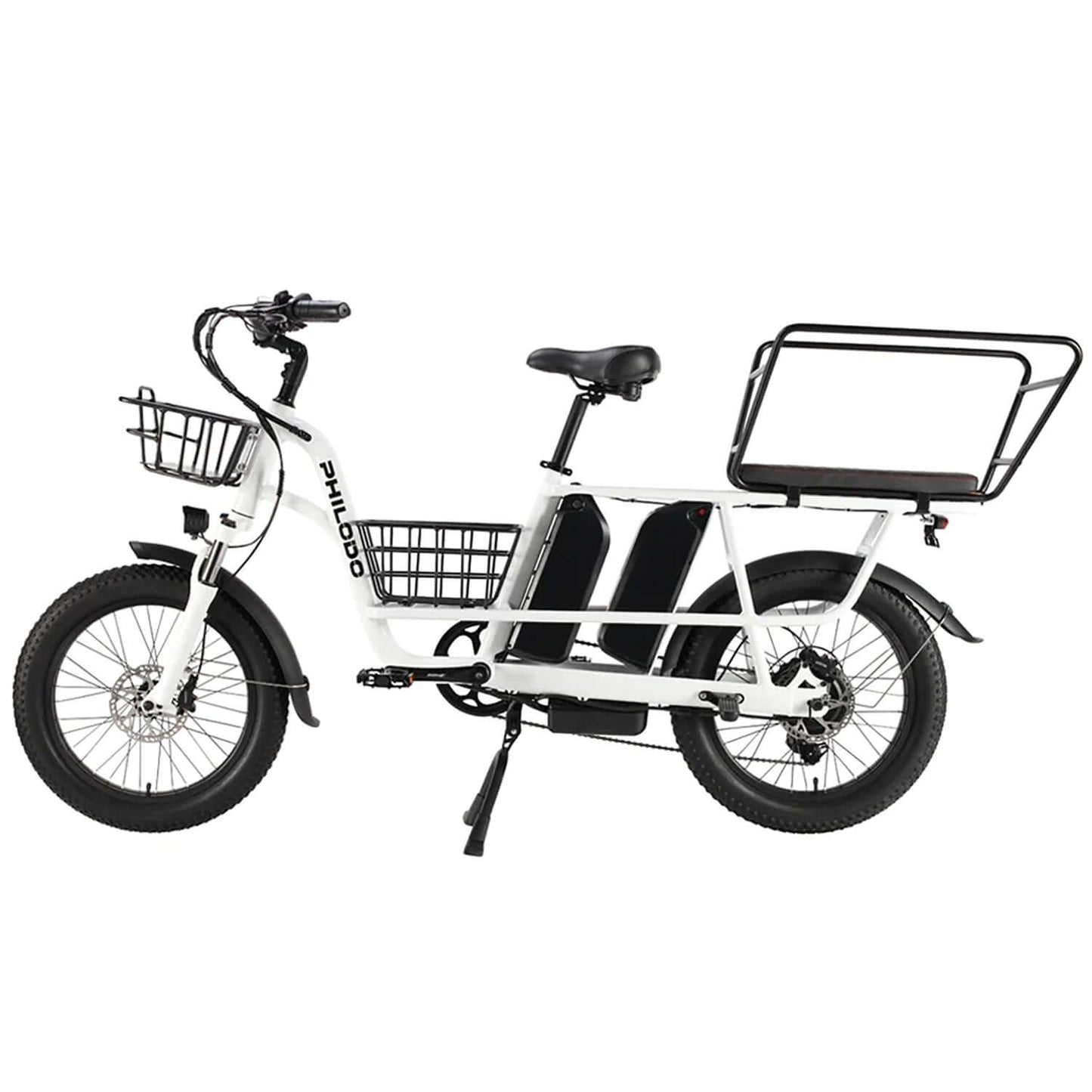 Philodo Traveller Family & Cargo Electric Bike in white with storage baskets and powerful 750W motor.