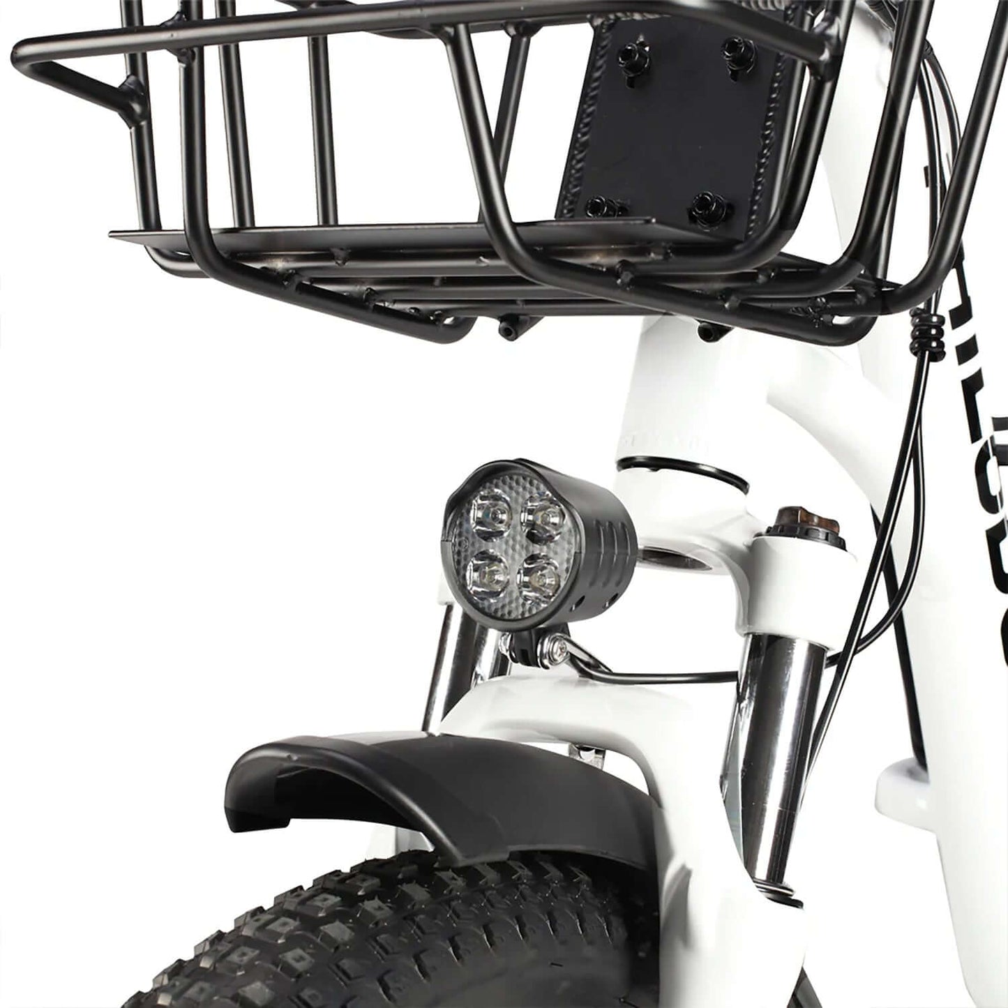 Philodo Traveller Family & Cargo Electric Bike front light and basket, showcasing utility and safety features.