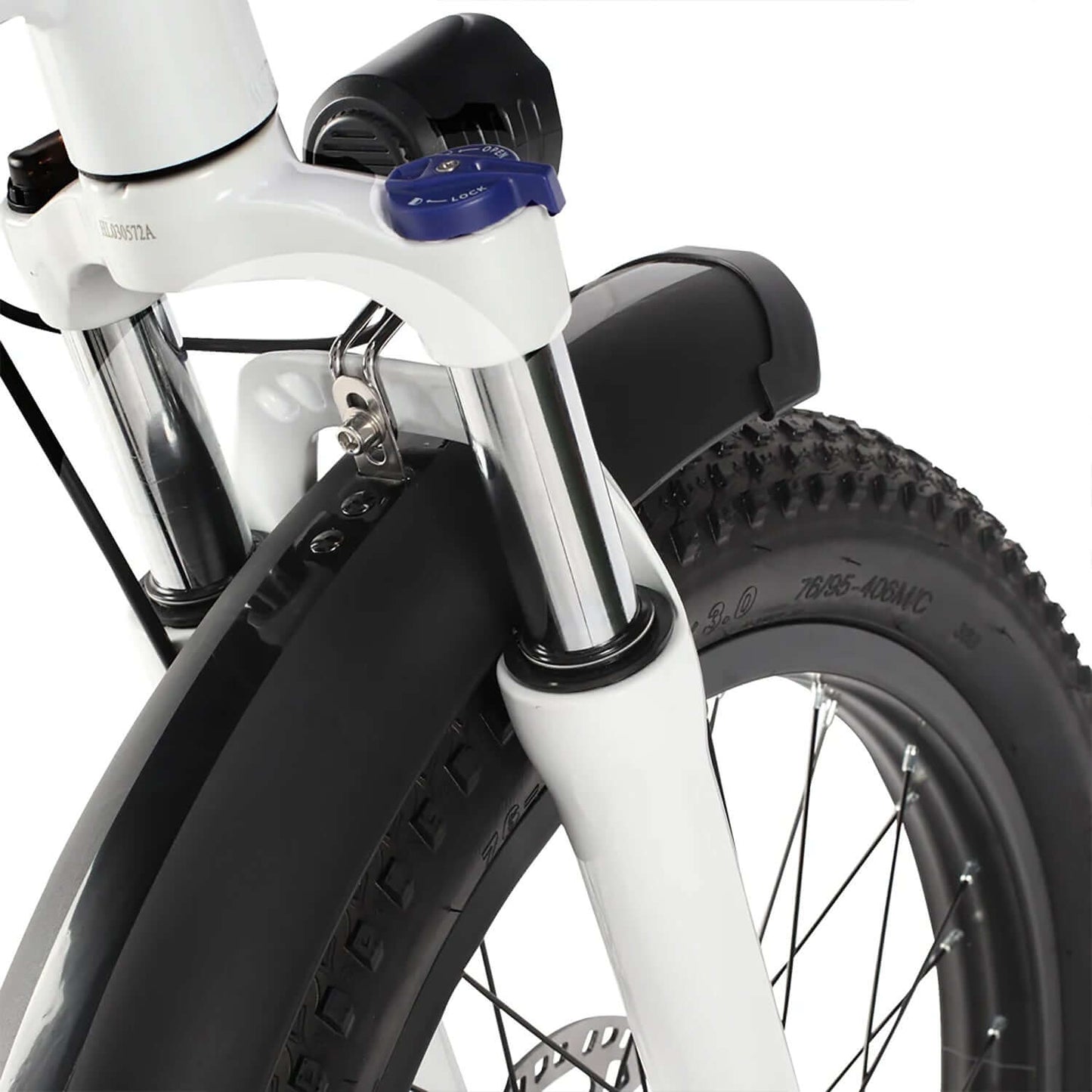 Philodo Traveller family & cargo electric bike front suspension and tire close-up.