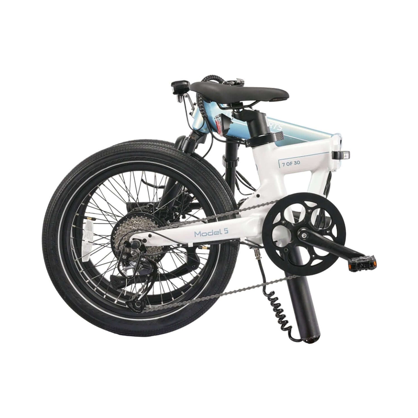 Qualisports Model 5 Folding Electric Bike compact design with folded frame and rear wheel visible.