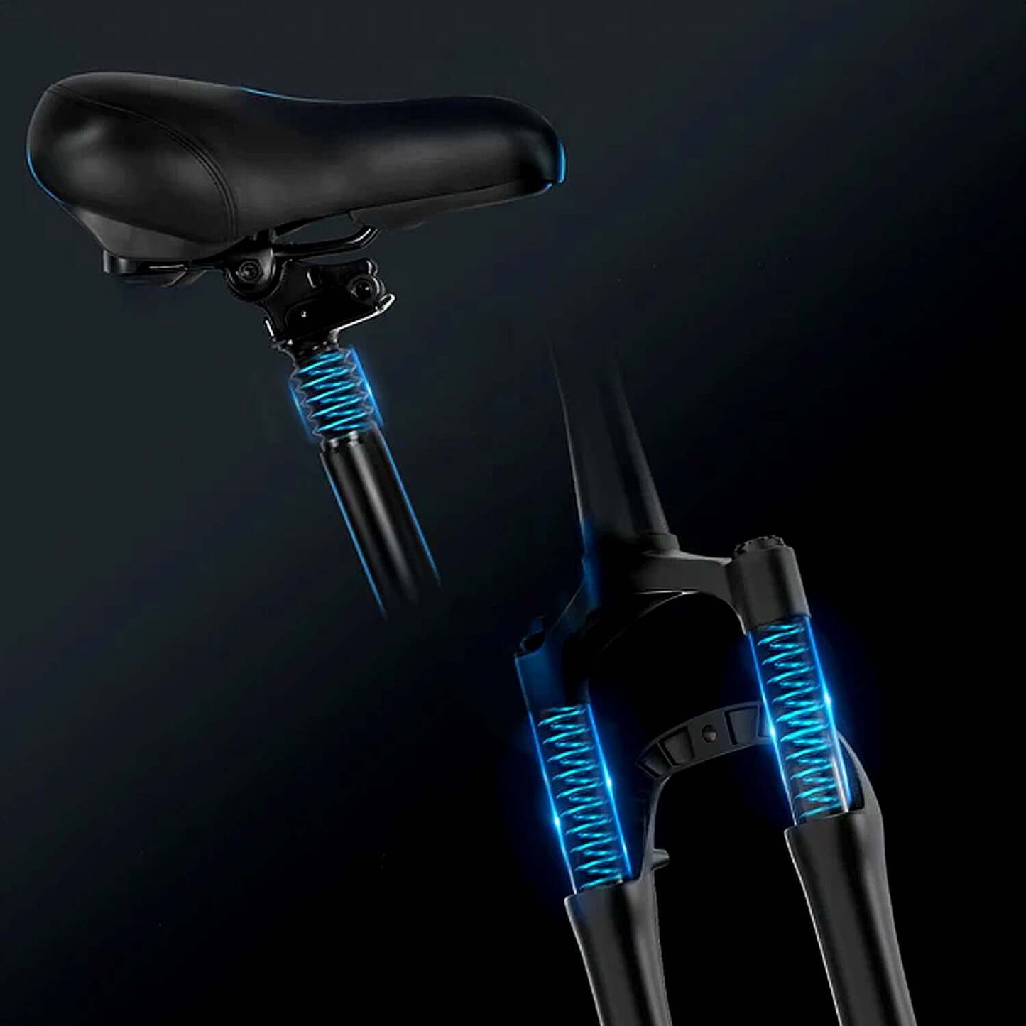 Close-up of a bike seat with shock-absorbing springs highlighted in blue, displaying innovative suspension design.
