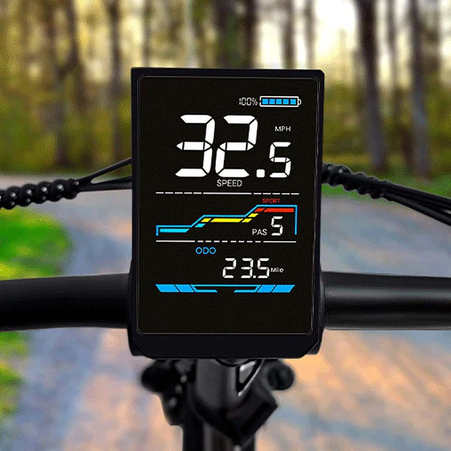 Digital display showing speed, distance, and power levels on an electric bike's handlebar